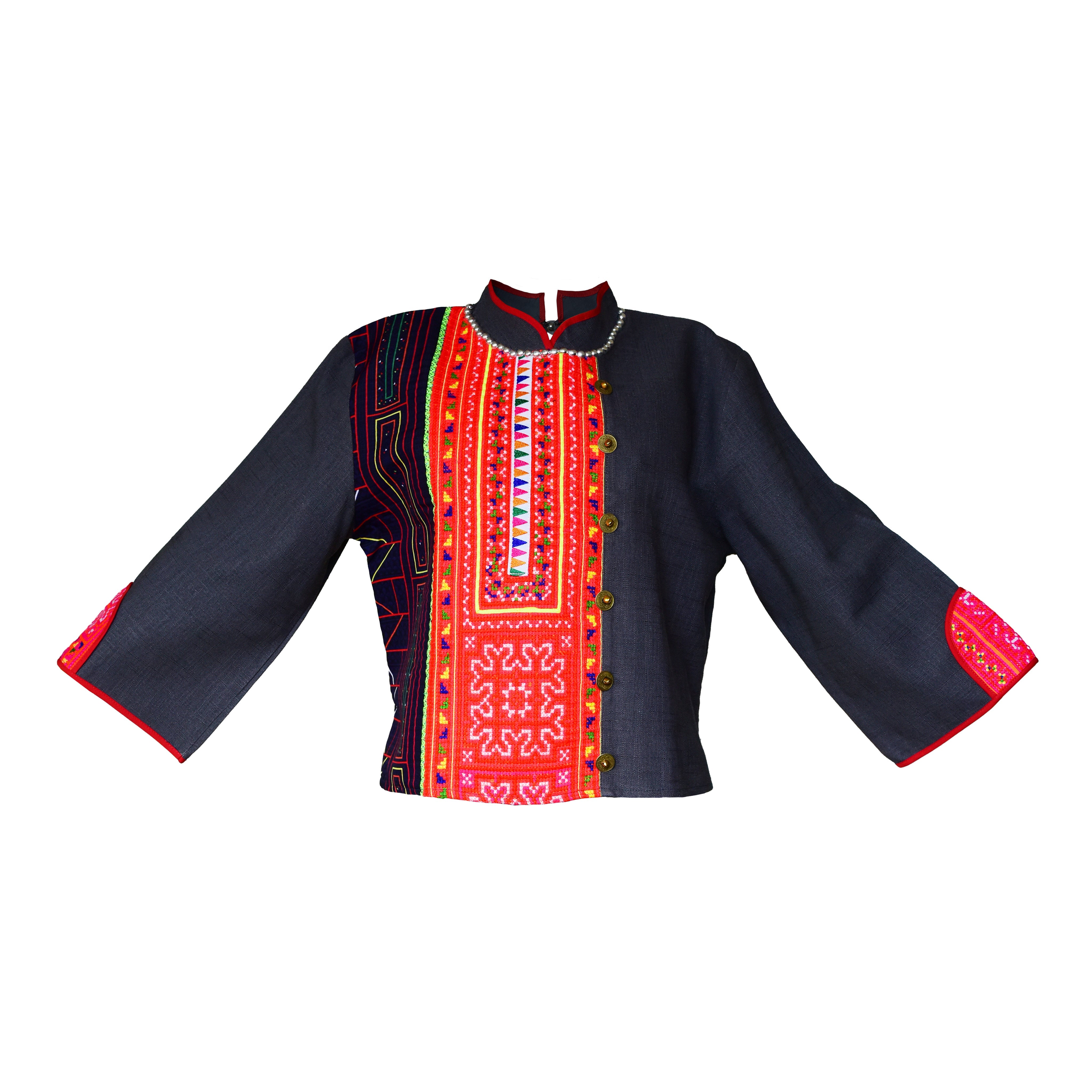Handcrafted Modern-Style Hmong Hemp Top With Orange Embroidery Panel from Chiang Rai Thailand - Lalanna Design
