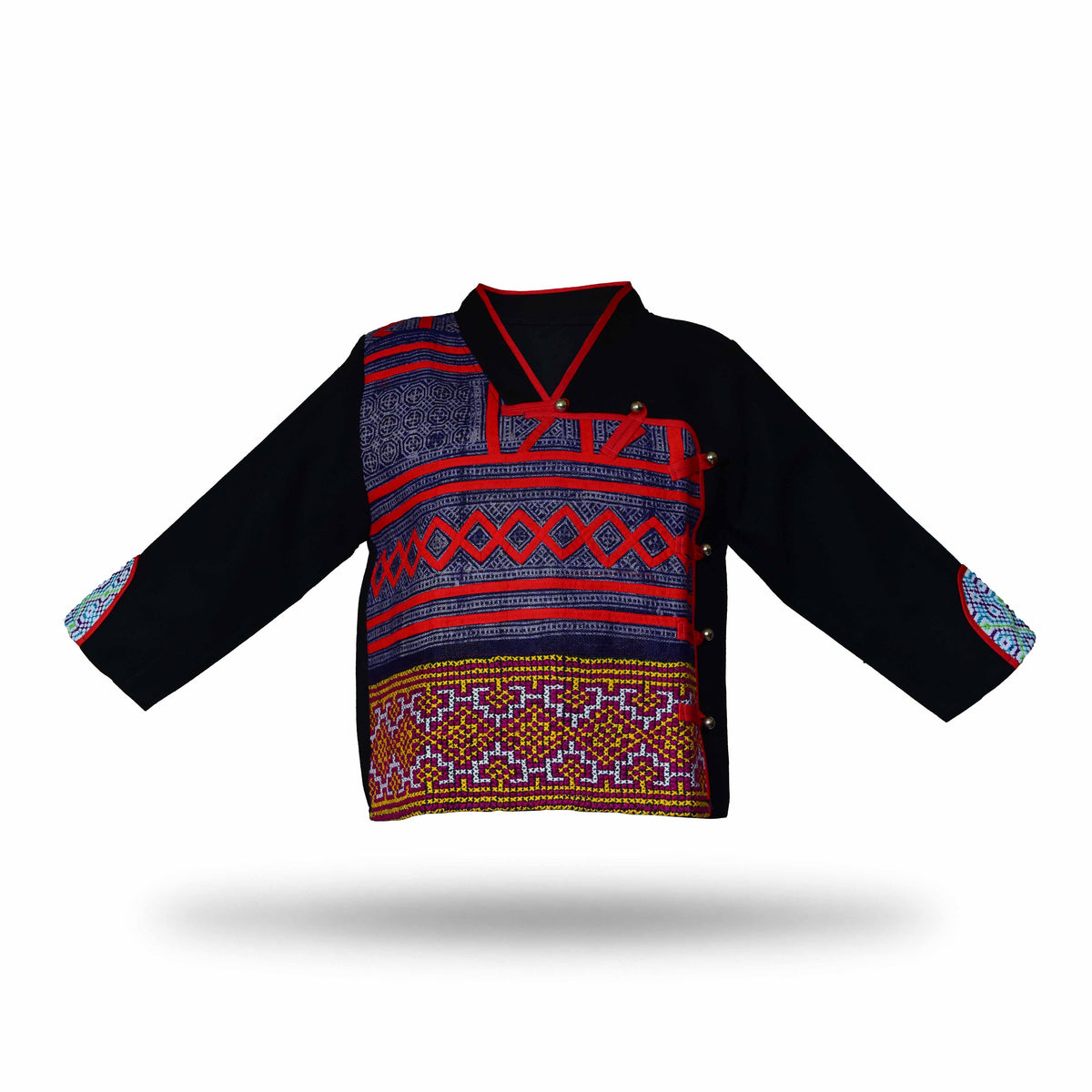 Handcrafted Modern-Style Hmong Hemp Top with Vibrant Multicolor Geometric Embroidered from Chiang Mai Thailand - Lalanna Design