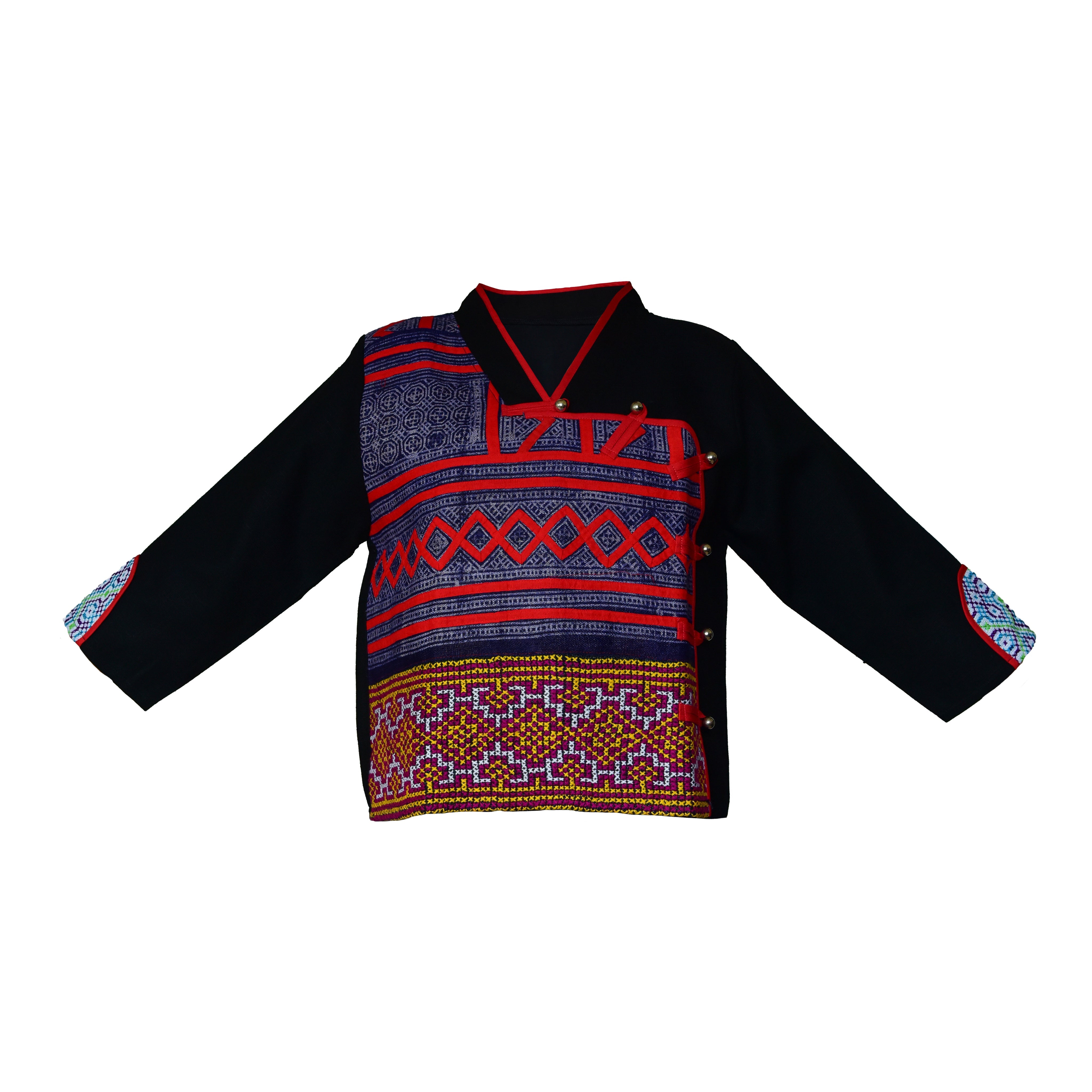 Handcrafted Modern-Style Hmong Hemp Top with Vibrant Multicolor Geometric Embroidered from Chiang Rai Thailand - Lalanna Design
