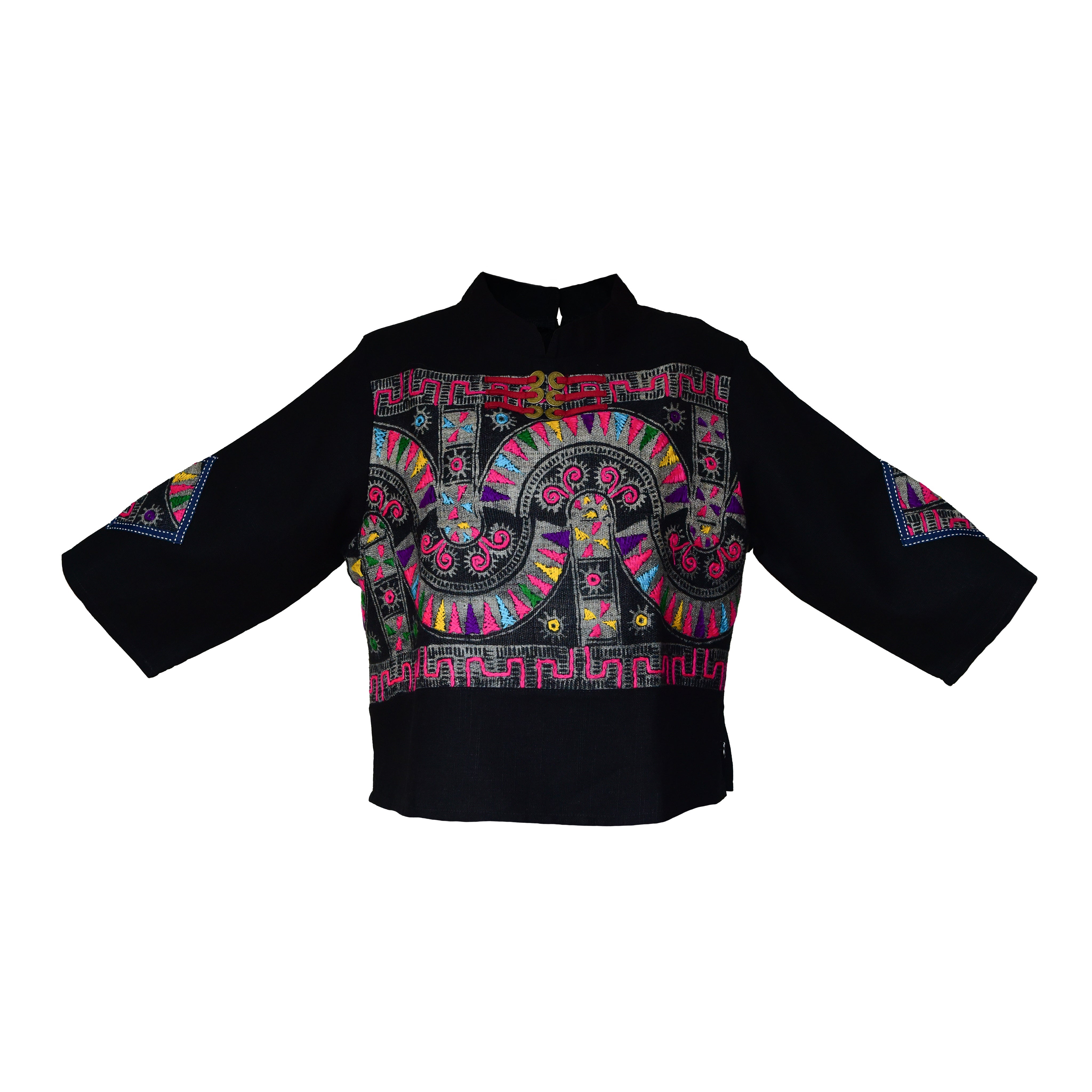 Handcrafted Modern-Style Hmong Hemp Top with Vibrant Multicolor Geometric Embroidered Panel from Chiang Rai Thailand - Lalanna Design