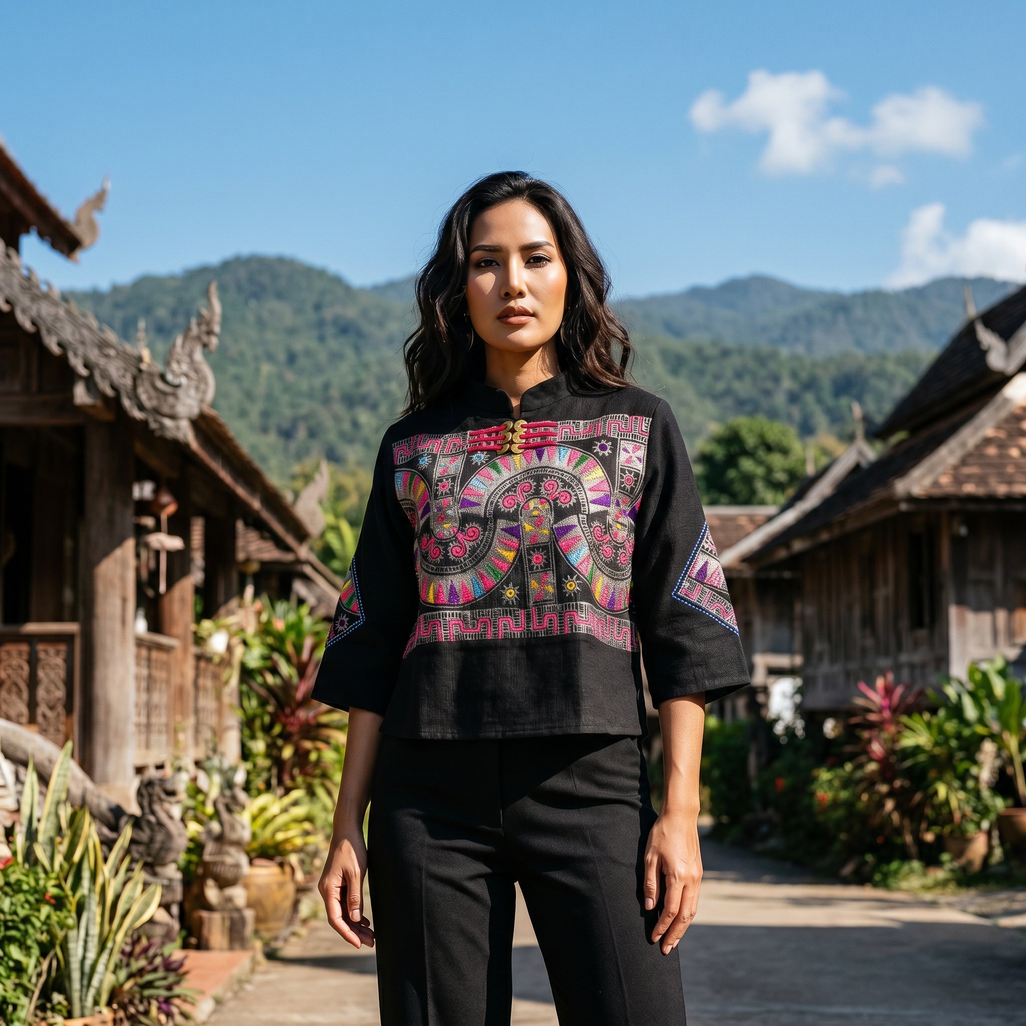 Handcrafted Modern-Style Hmong Hemp Top with Vibrant Multicolor Geometric Embroidered Panel from Chiang Rai Thailand - Lalanna Design