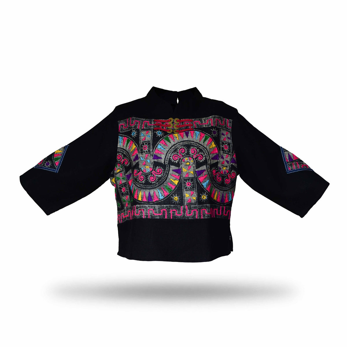 Handcrafted Modern-Style Hmong Hemp Top with Vibrant Multicolor Geometric Embroidered Panel from Chiang Mai Thailand - Lalanna Design
