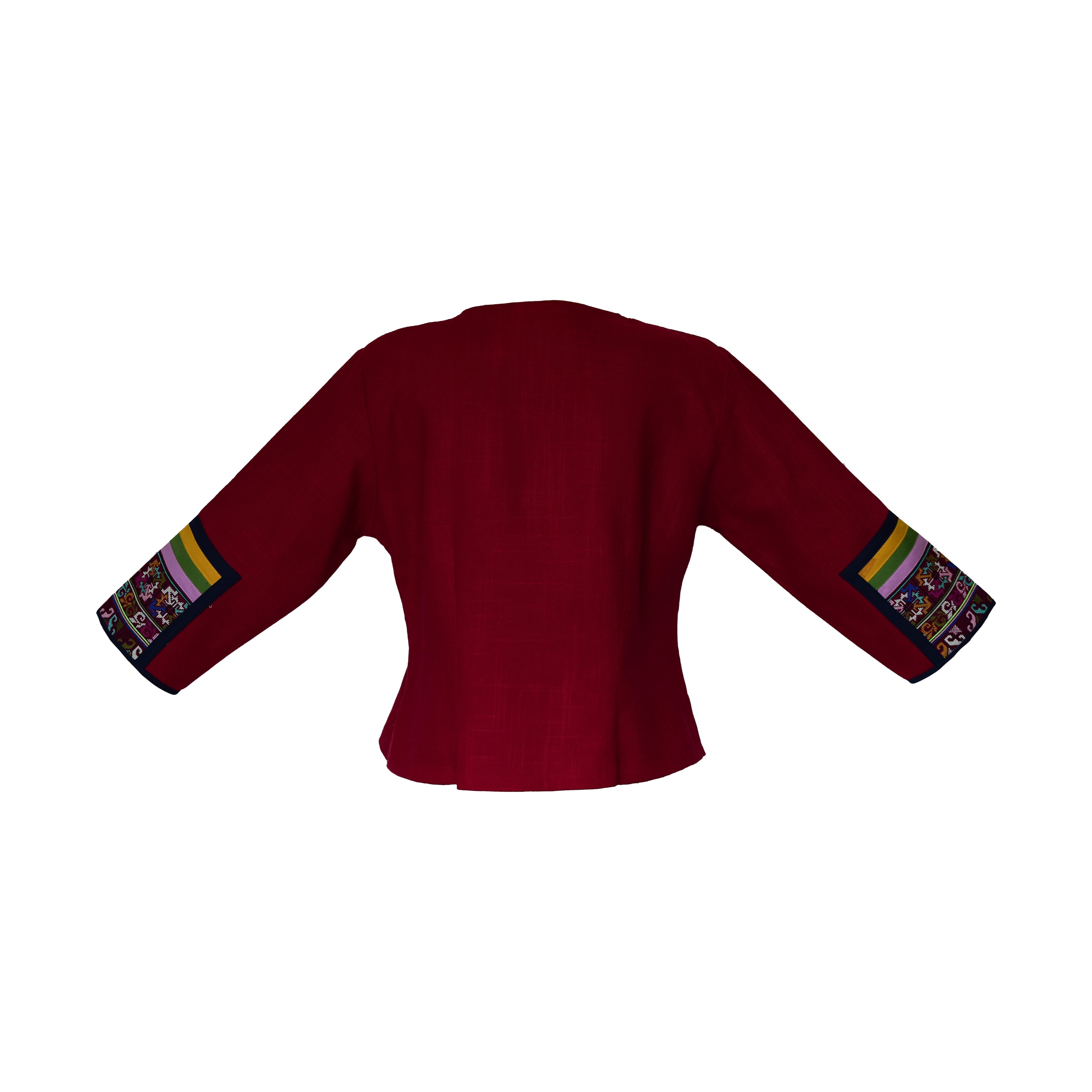 Handcrafted Modern-Style Hmong Hemp Top with Vibrant Multicolor Geometric Embroidery V-Neck from Chiang Mai Thailand - Lalanna Design