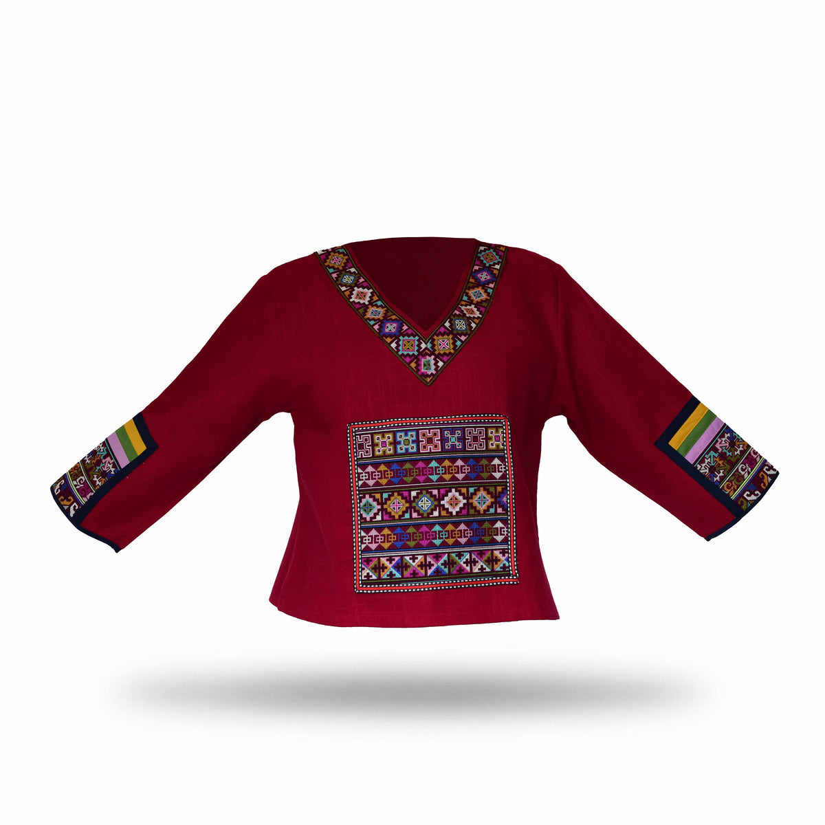 Handcrafted Modern-Style Hmong Hemp Top with Vibrant Multicolor Geometric Embroidery V-Neck from Chiang Mai Thailand - Lalanna Design