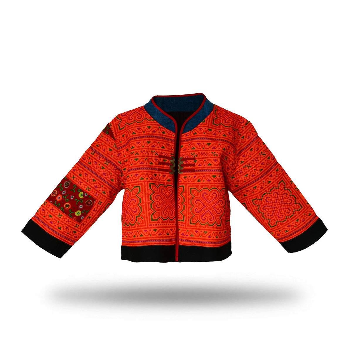 Handcrafted Modern-Style Hmong Jacket Hand-Embroidered Cross Stitch Orange from Chiang Mai Thailand - Lalanna Design