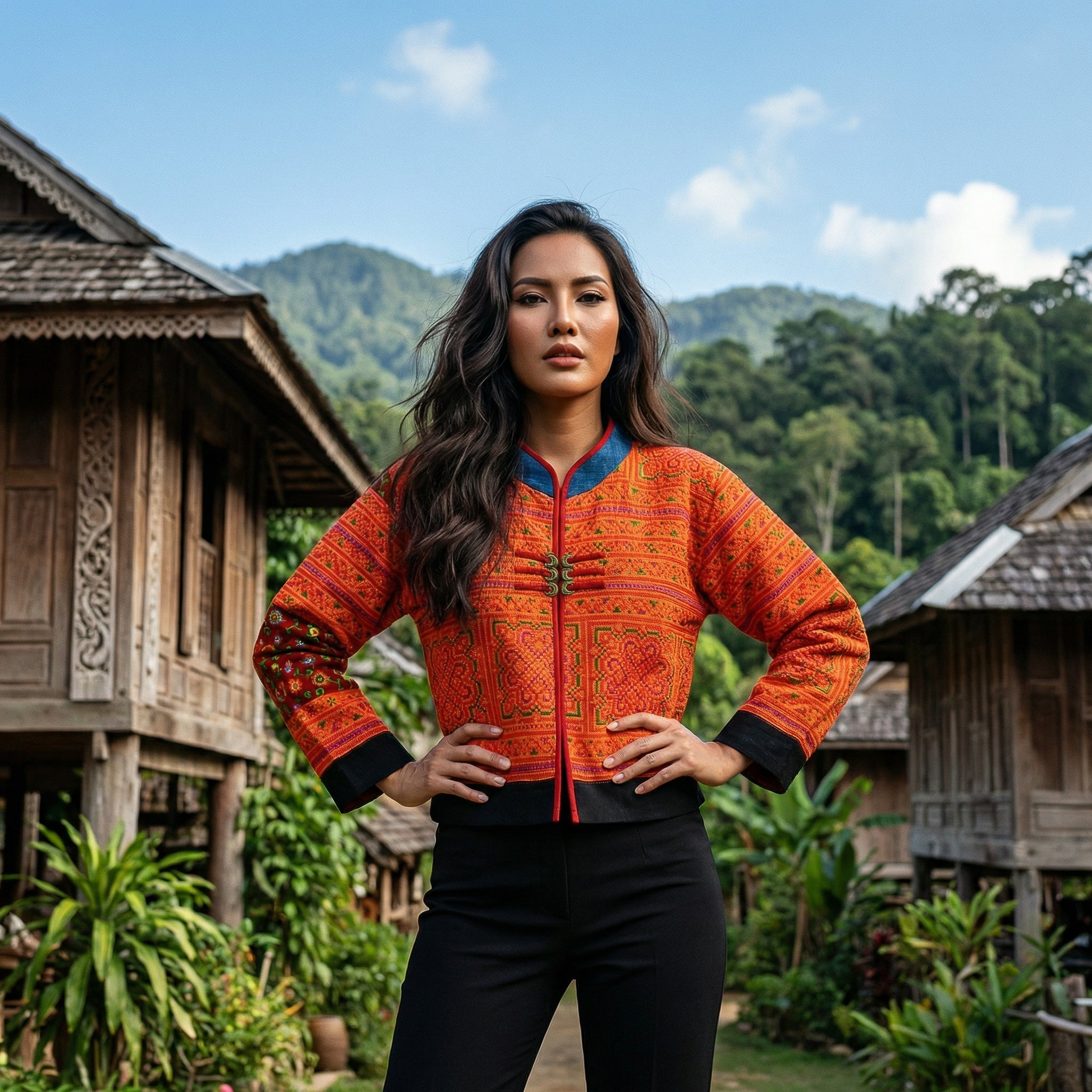 Handcrafted Modern-Style Hmong Jacket Hand-Embroidered Cross Stitch Orange from Chiang Mai Thailand - Lalanna Design