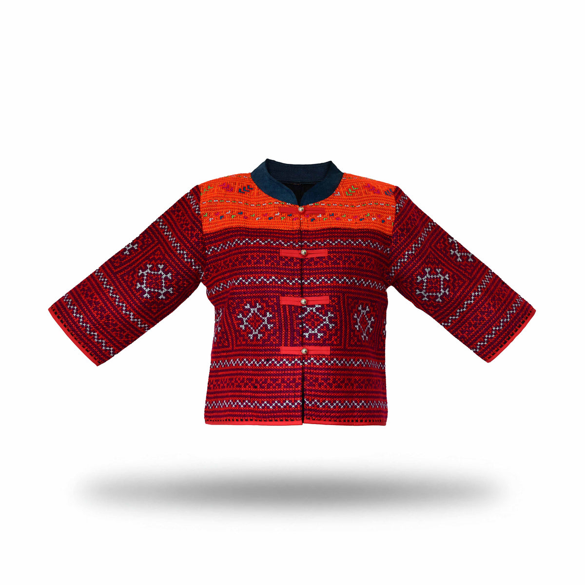 Handcrafted Modern-Style Hmong Jacket Hand Embroidered Cross Stitch Red from Chiang Mai Thailand - Lalanna Design