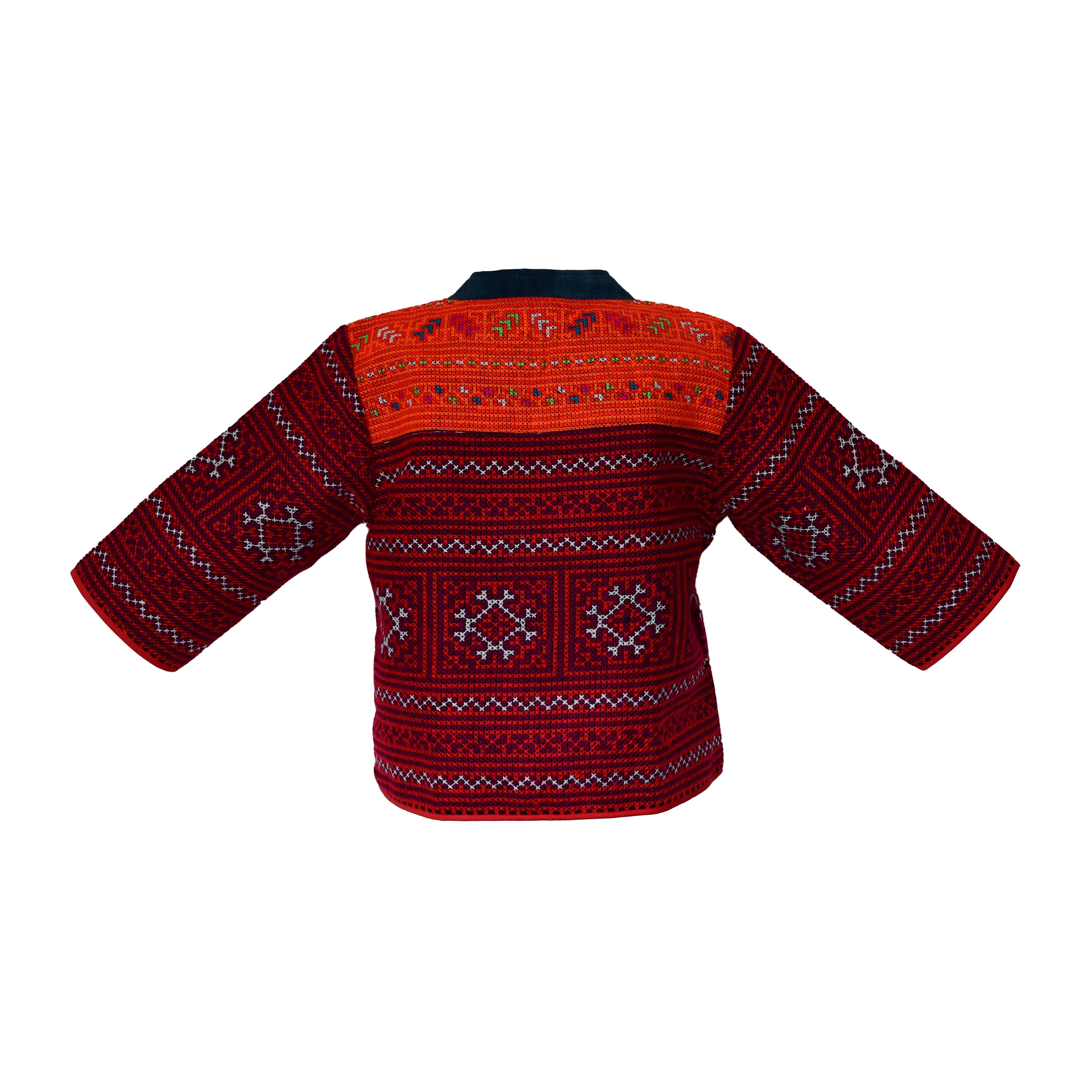 Handcrafted Modern-Style Hmong Jacket Hand Embroidered Cross Stitch Red from Chiang Mai Thailand - Lalanna Design