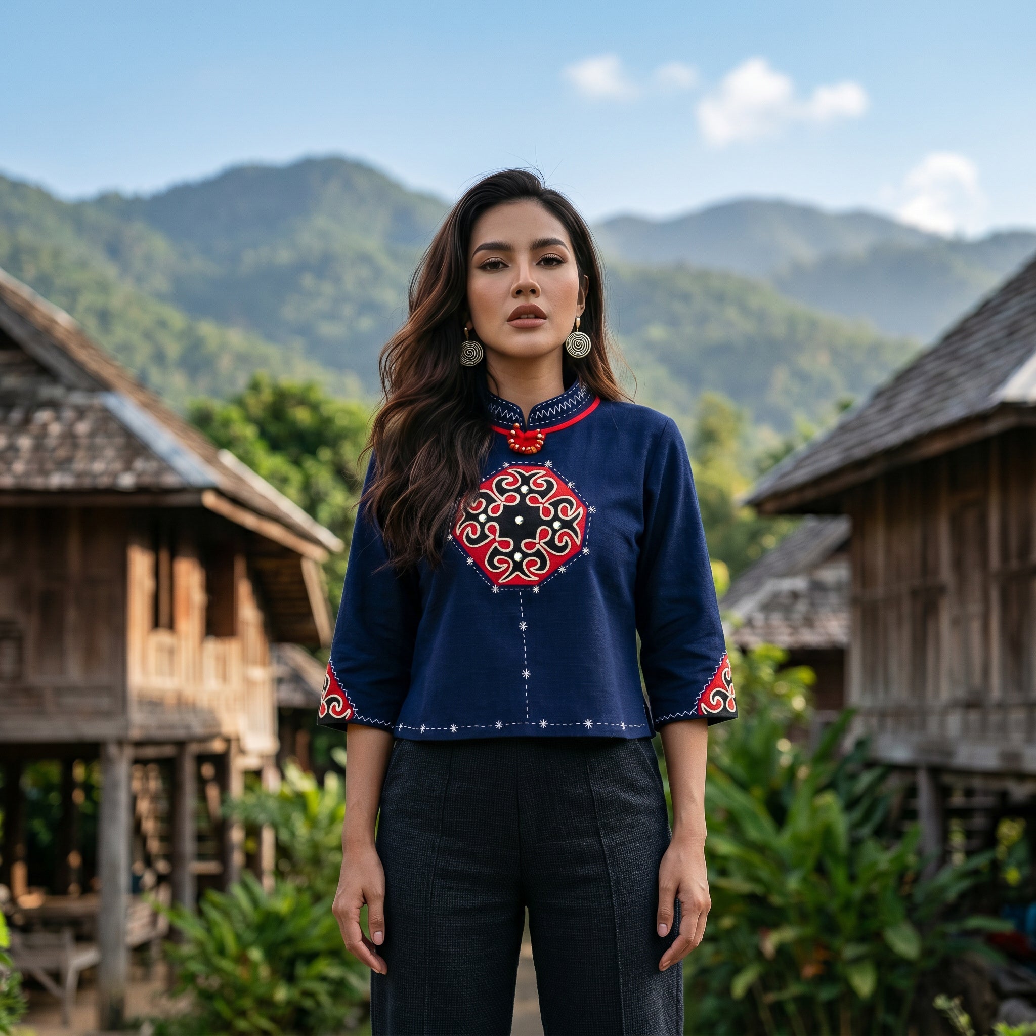 Handcrafted Modern-Style Hmong Top Blue Diamond Top from Chiang Rai Thailand - Lalanna Design