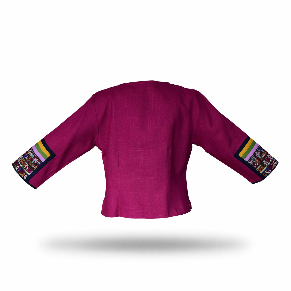 Handcrafted Modern-Style Purple Hmong Hemp Top with Multicolor Geometric Embroidery V Neck from Chiang Mai Thailand - Lalanna Design