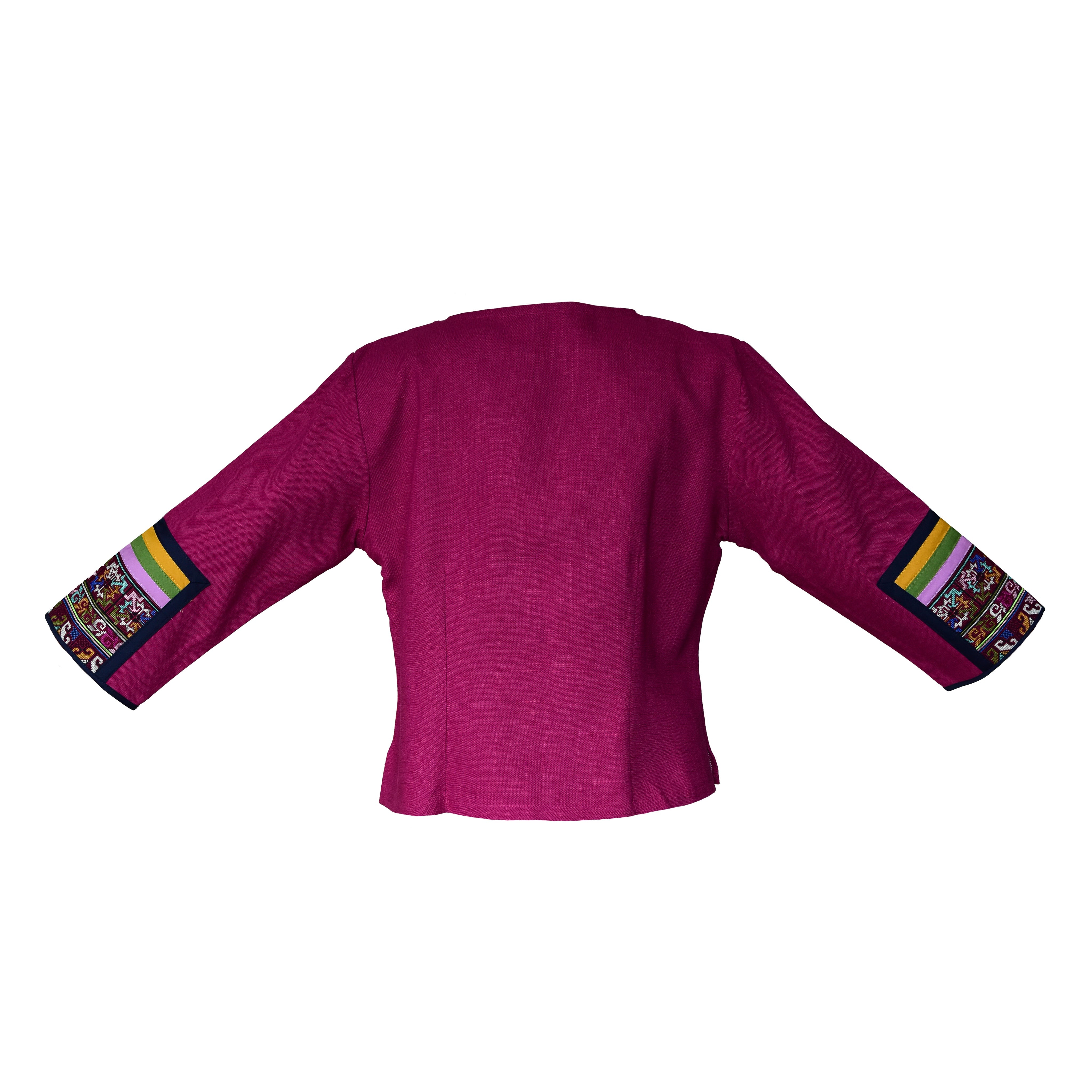 Handcrafted Modern-Style Purple Hmong Hemp Top with Multicolor Geometric Embroidery V Neck from Chiang Mai Thailand - Lalanna Design