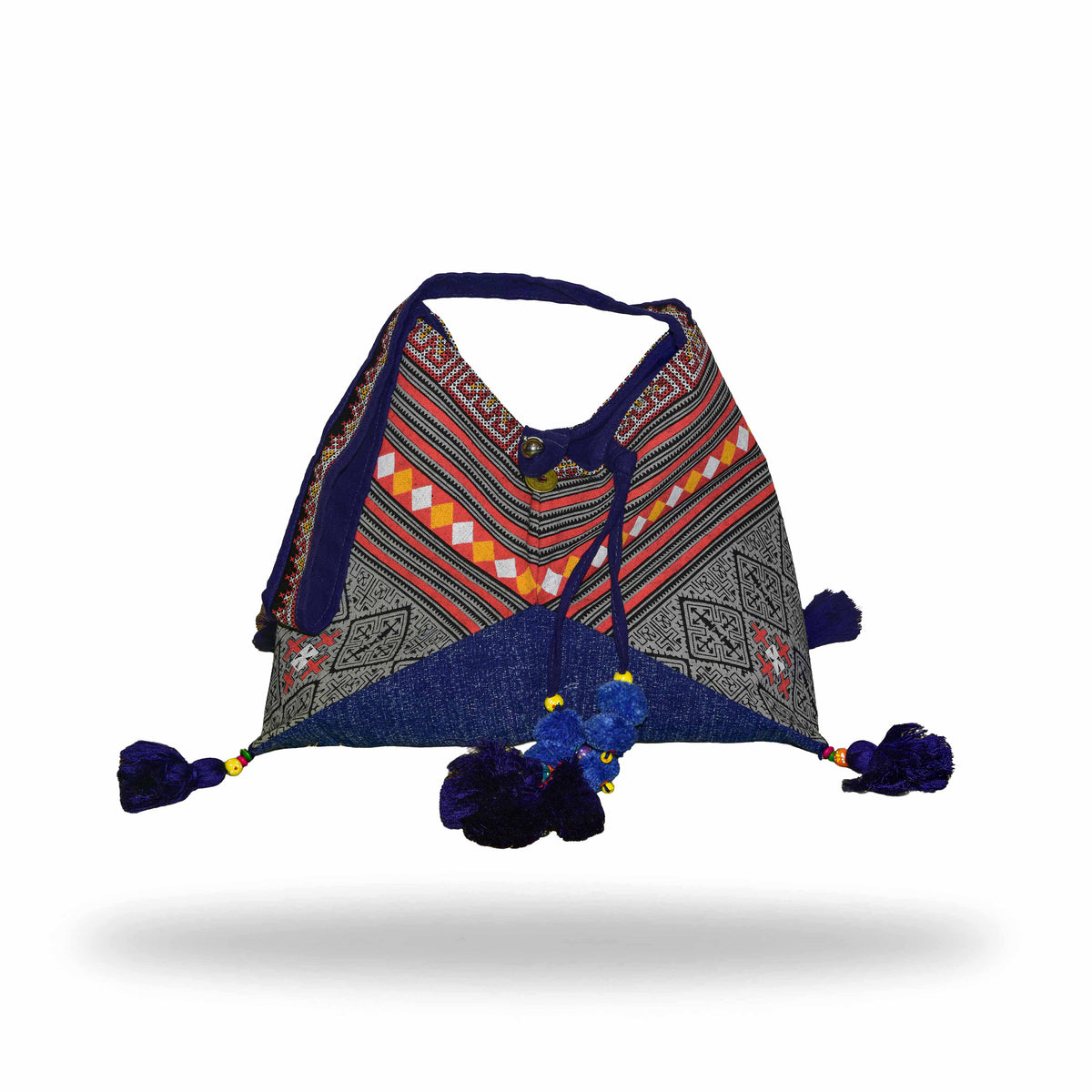 Handcrafted Printed Hill Tribe Pattern Fabric Shoulder Dark Blue Bag from Chiang Mai Thailand - Lalanna Design