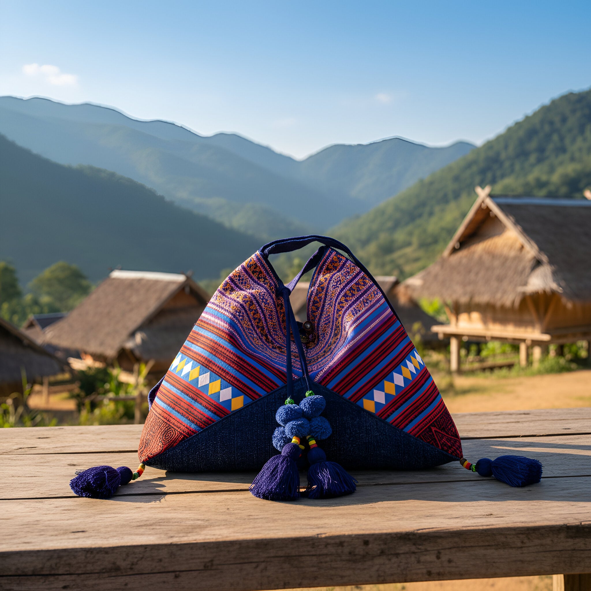 Handcrafted Printed Hill Tribe Pattern Fabric Shoulder Red Bag from Chiang Rai Thailand - Lalanna Design