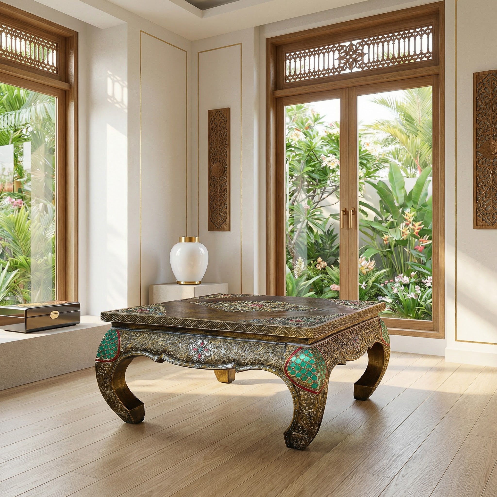 Handcrafted Royal Lanna Large Ornate Opium Table from Chiang Rai Thailand - Lalanna Design