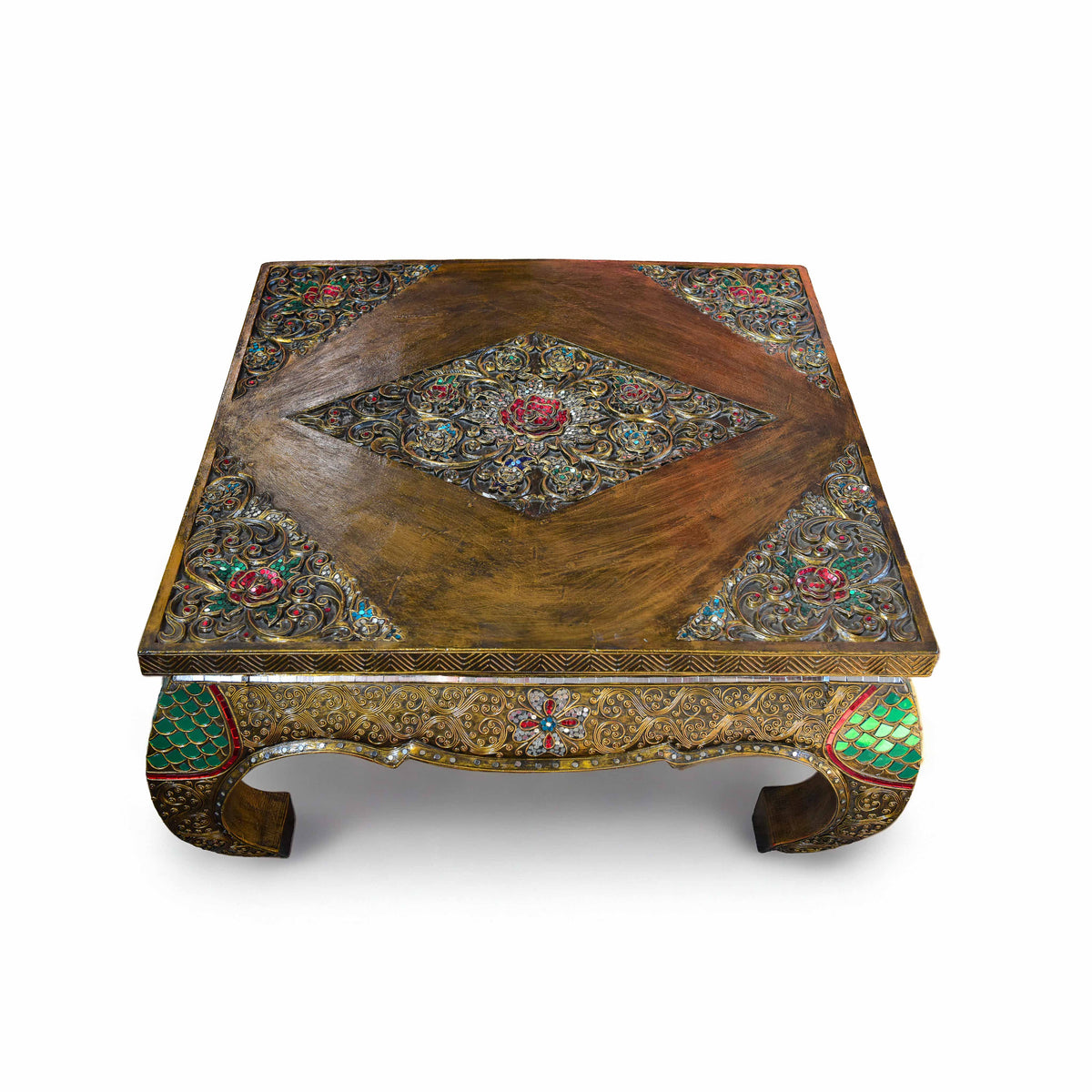 Handcrafted Royal Lanna Large Ornate Opium Table from Chiang Mai Thailand - Lalanna Design