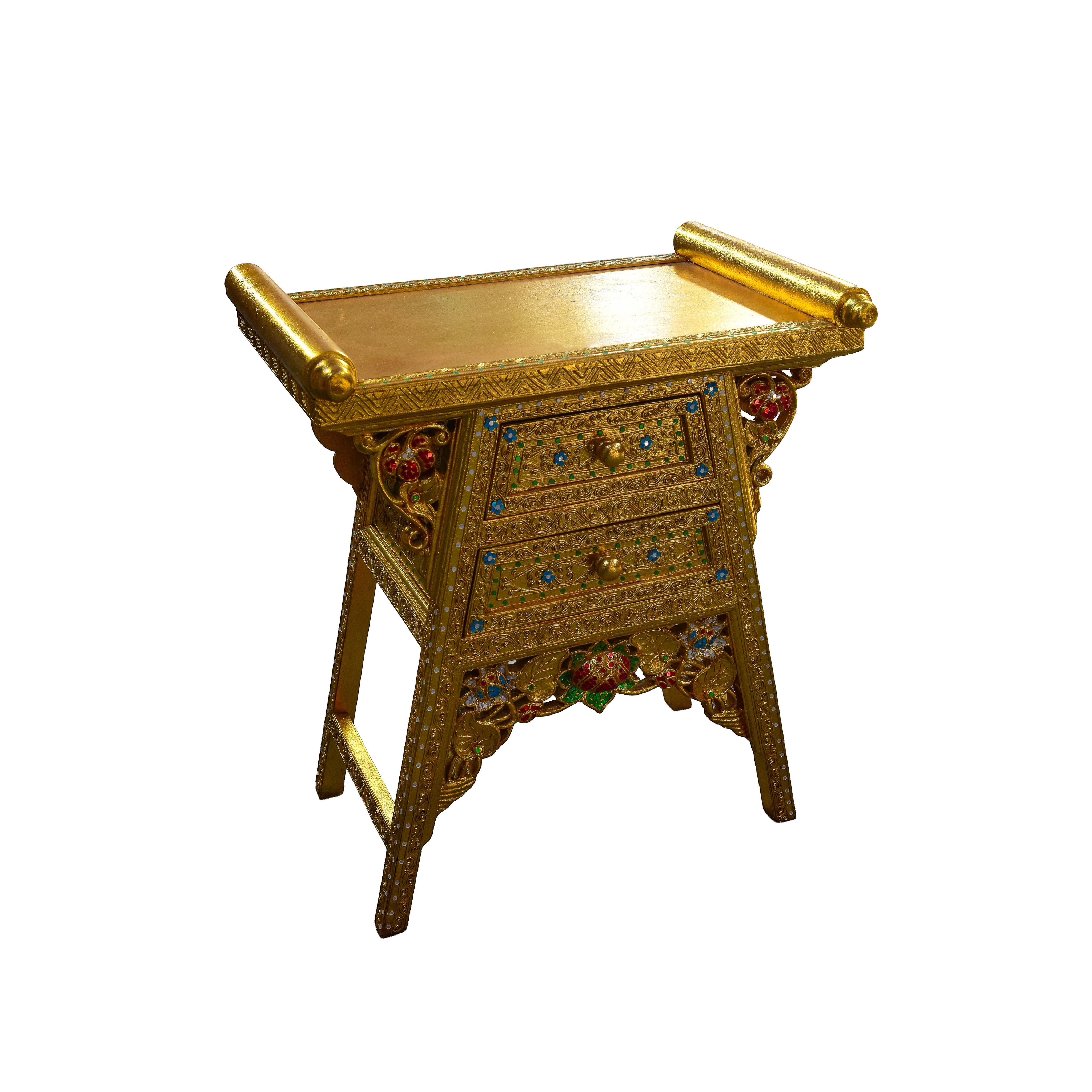Handcrafted Royal Lanna Offering Table with 2 Drawers - Gold Edition from Chiang Mai Thailand - Lalanna Design