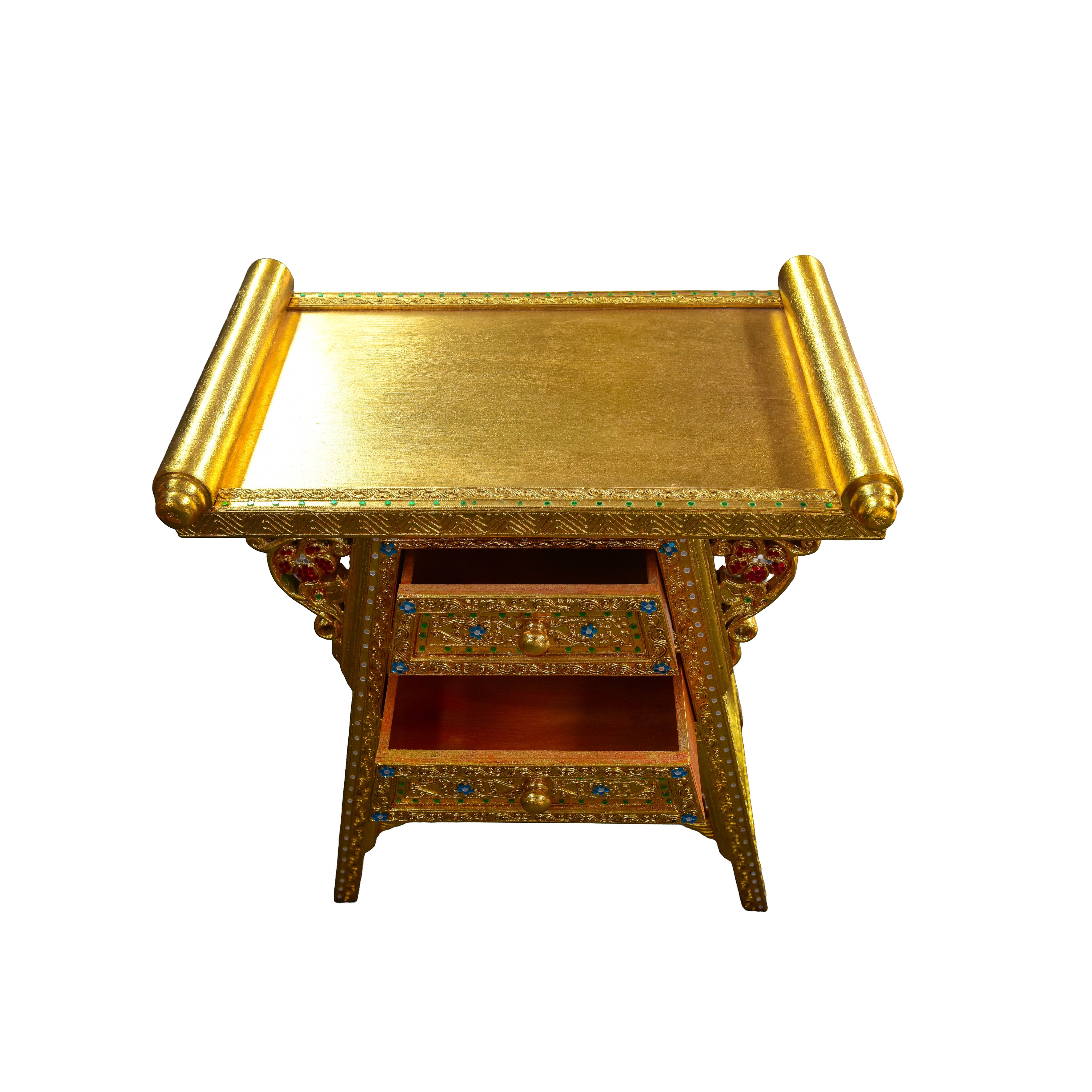 Handcrafted Royal Lanna Offering Table with 2 Drawers - Gold Edition from Chiang Mai Thailand - Lalanna Design