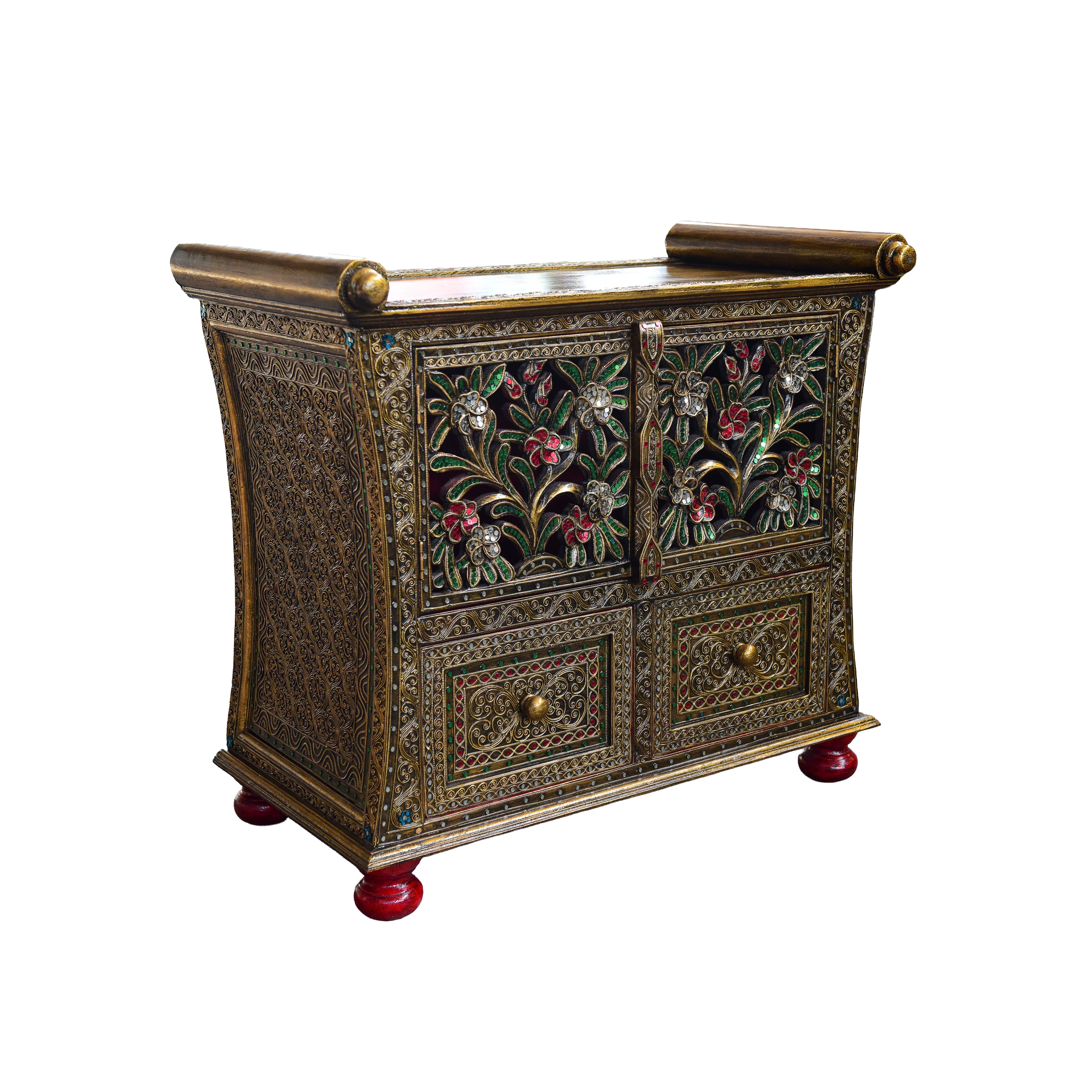 Handcrafted Royal Lanna Ornate Cabinet with 2 Drawers from Chiang Mai Thailand - Lalanna Design