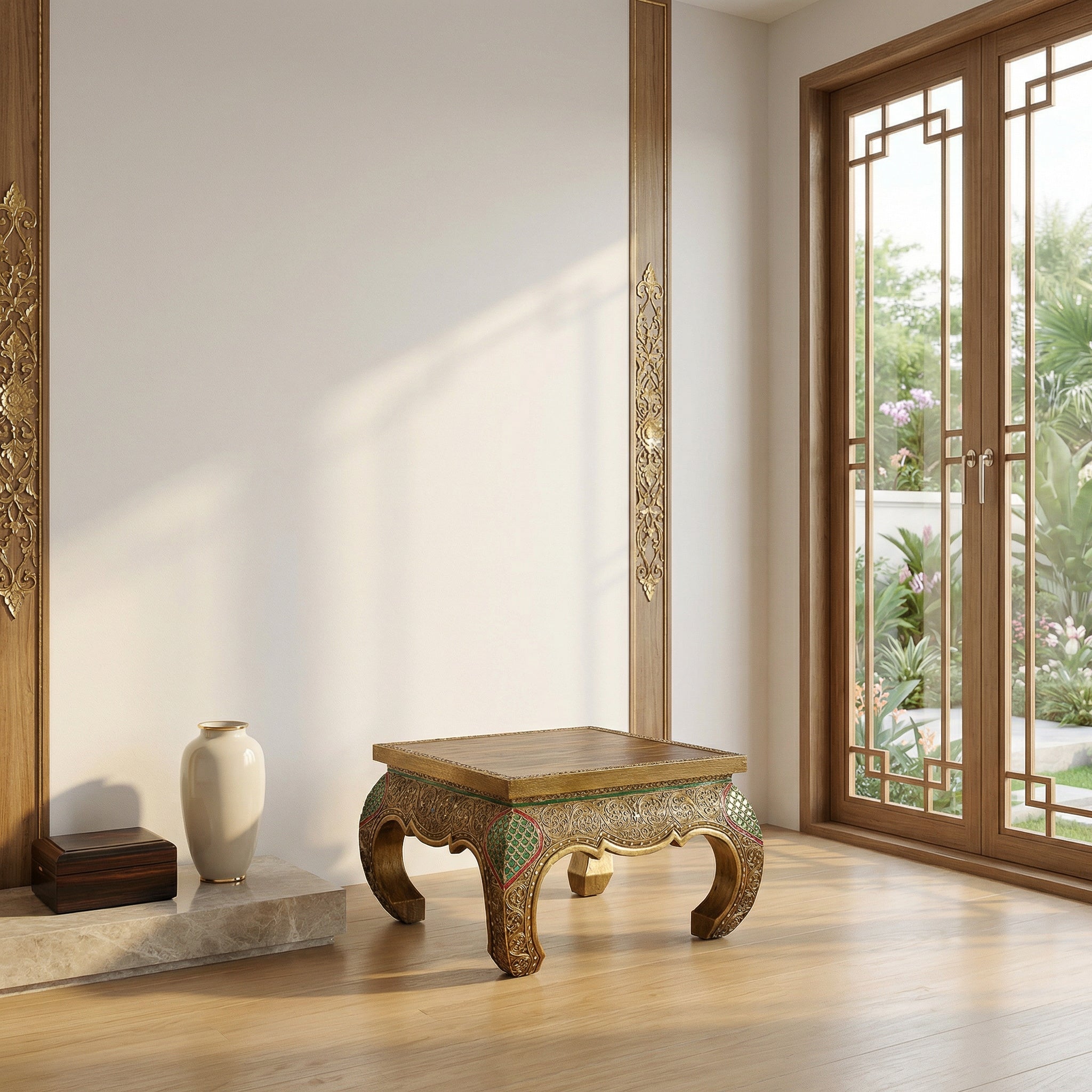 Handcrafted Royal Lanna Small Ornate Opium Table from Chiang Rai Thailand - Lalanna Design