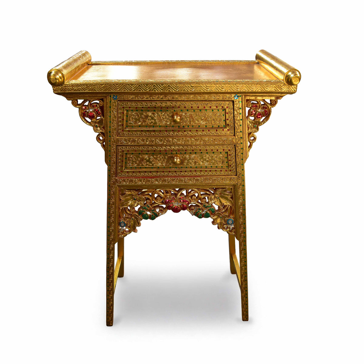 Handcrafted Royal Lanna Tall Altar Table with 2 Drawers - Gold Edition from Chiang Mai Thailand - Lalanna Design