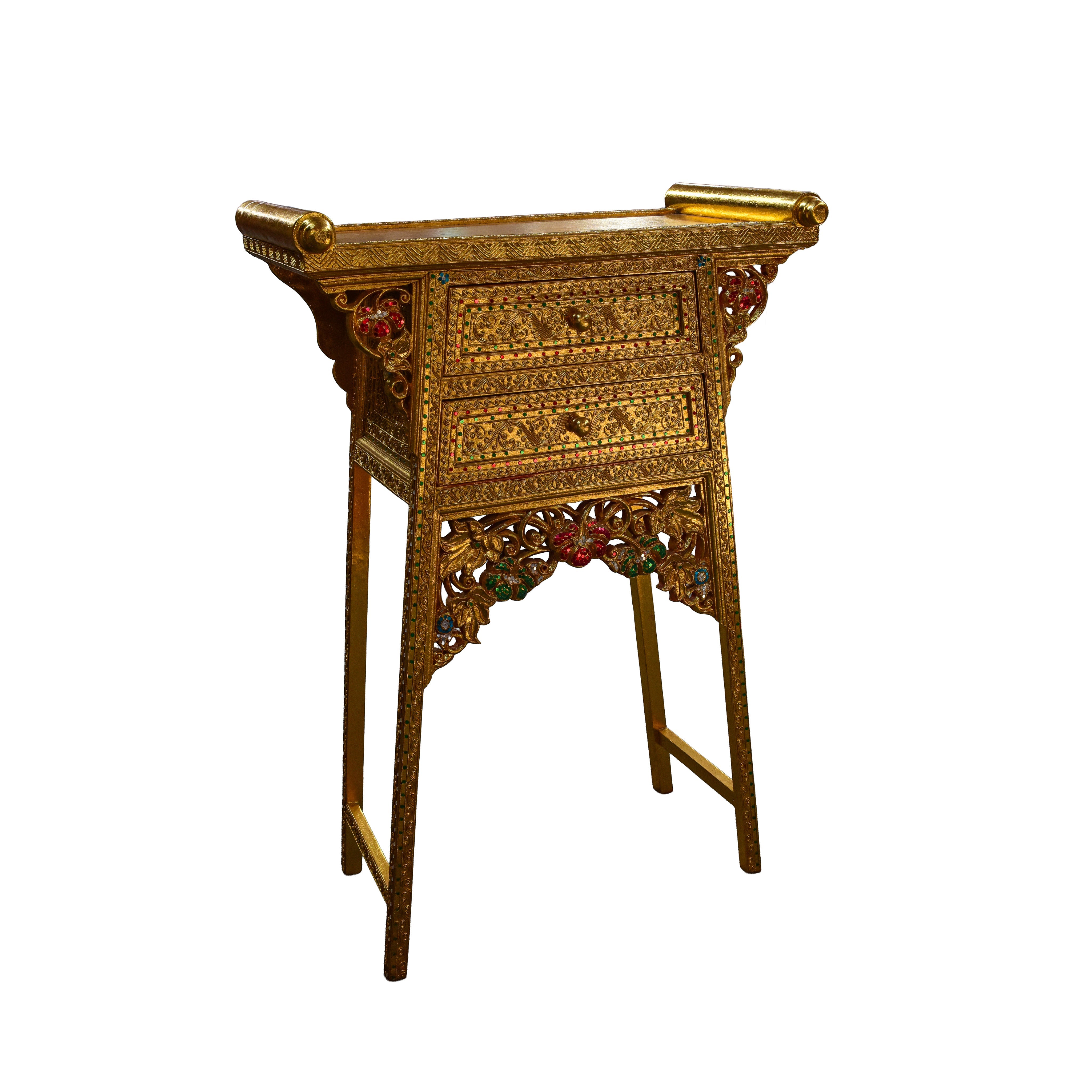 Handcrafted Royal Lanna Tall Altar Table with 2 Drawers - Gold Edition from Chiang Mai Thailand - Lalanna Design