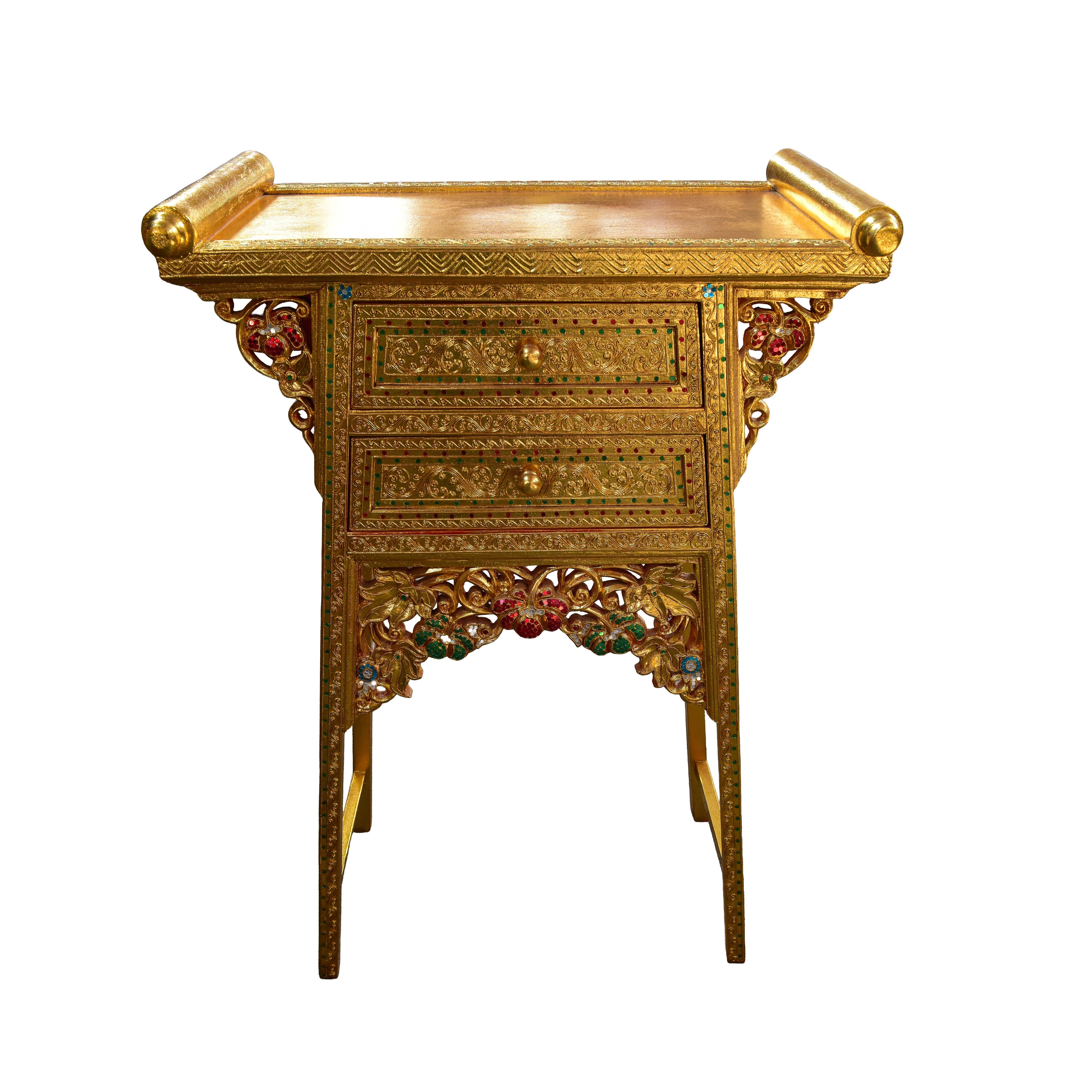 Handcrafted Royal Lanna Tall Altar Table with 2 Drawers - Gold Edition from Chiang Mai Thailand - Lalanna Design