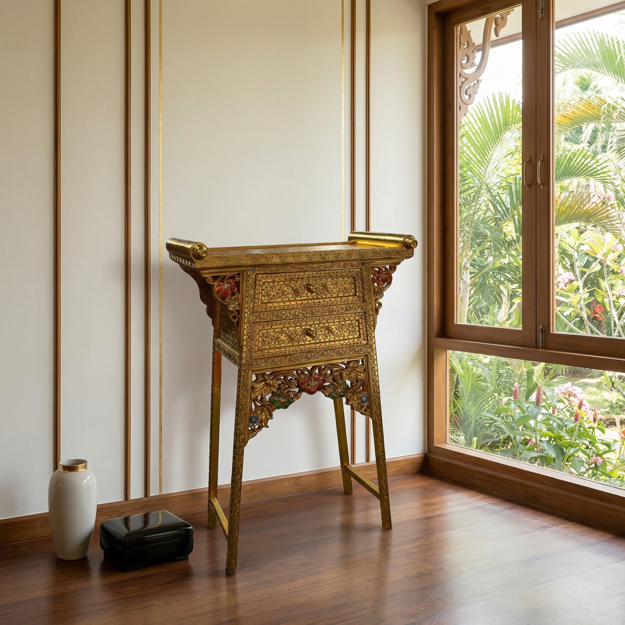Handcrafted Royal Lanna Tall Altar Table with 2 Drawers - Gold Edition from Chiang Rai Thailand - Lalanna Design
