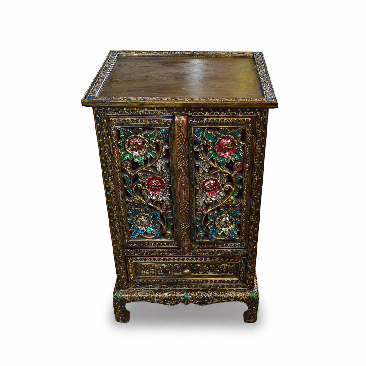 Handcrafted Royal Lanna Tall Ornate Cabinet with 1 Drawer from Chiang Mai Thailand - Lalanna Design