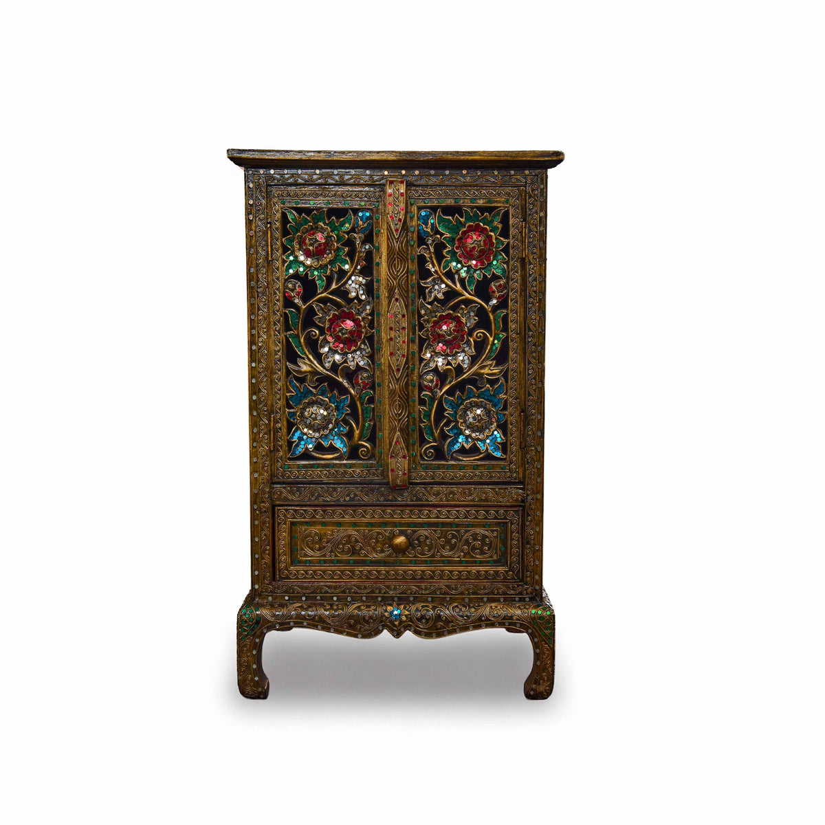 Handcrafted Royal Lanna Tall Ornate Cabinet with 1 Drawer from Chiang Mai Thailand - Lalanna Design