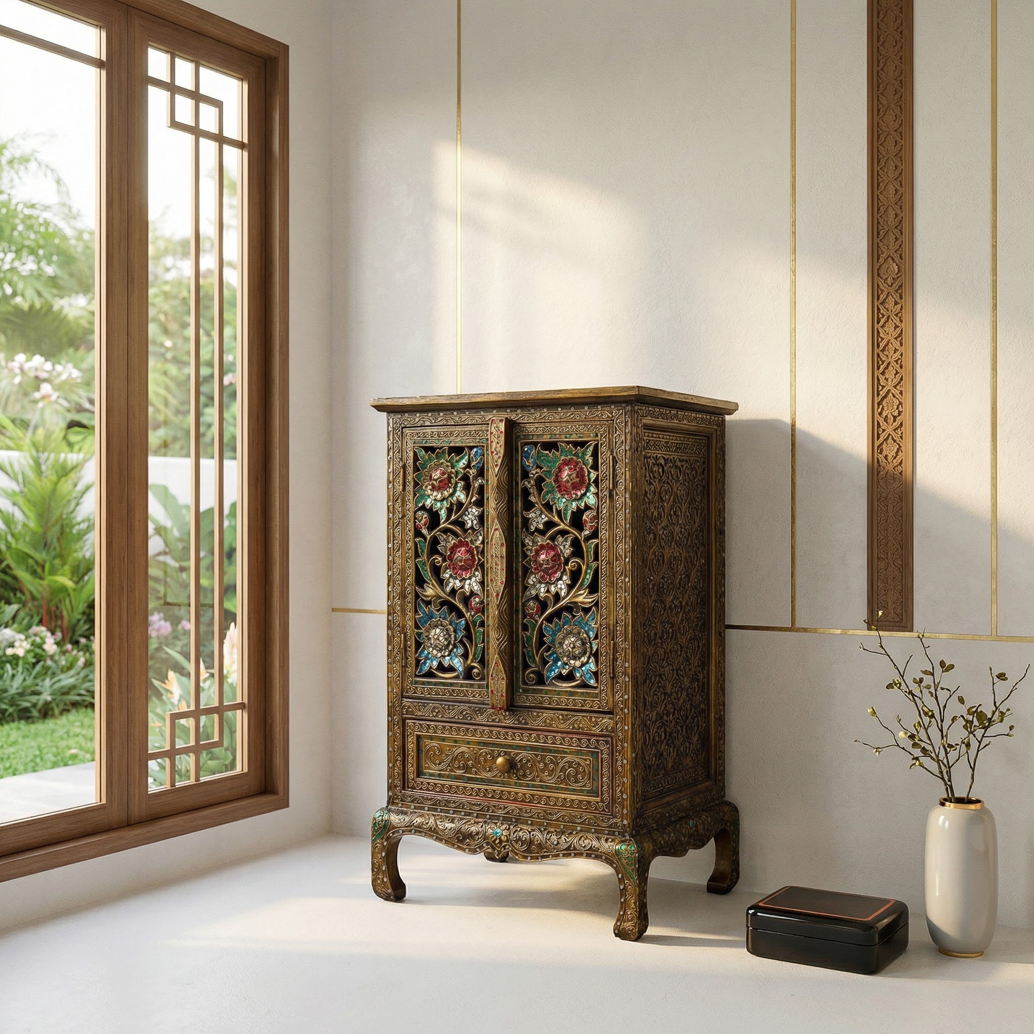 Handcrafted Royal Lanna Tall Ornate Cabinet with 1 Drawer from Chiang Rai Thailand - Lalanna Design