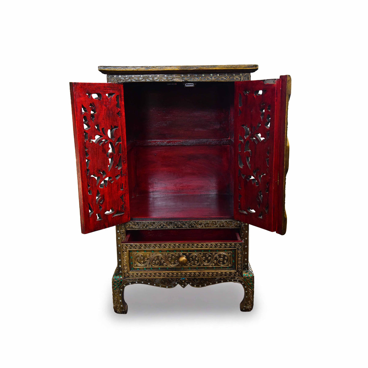 Handcrafted Royal Lanna Tall Ornate Cabinet with 1 Drawer from Chiang Mai Thailand - Lalanna Design