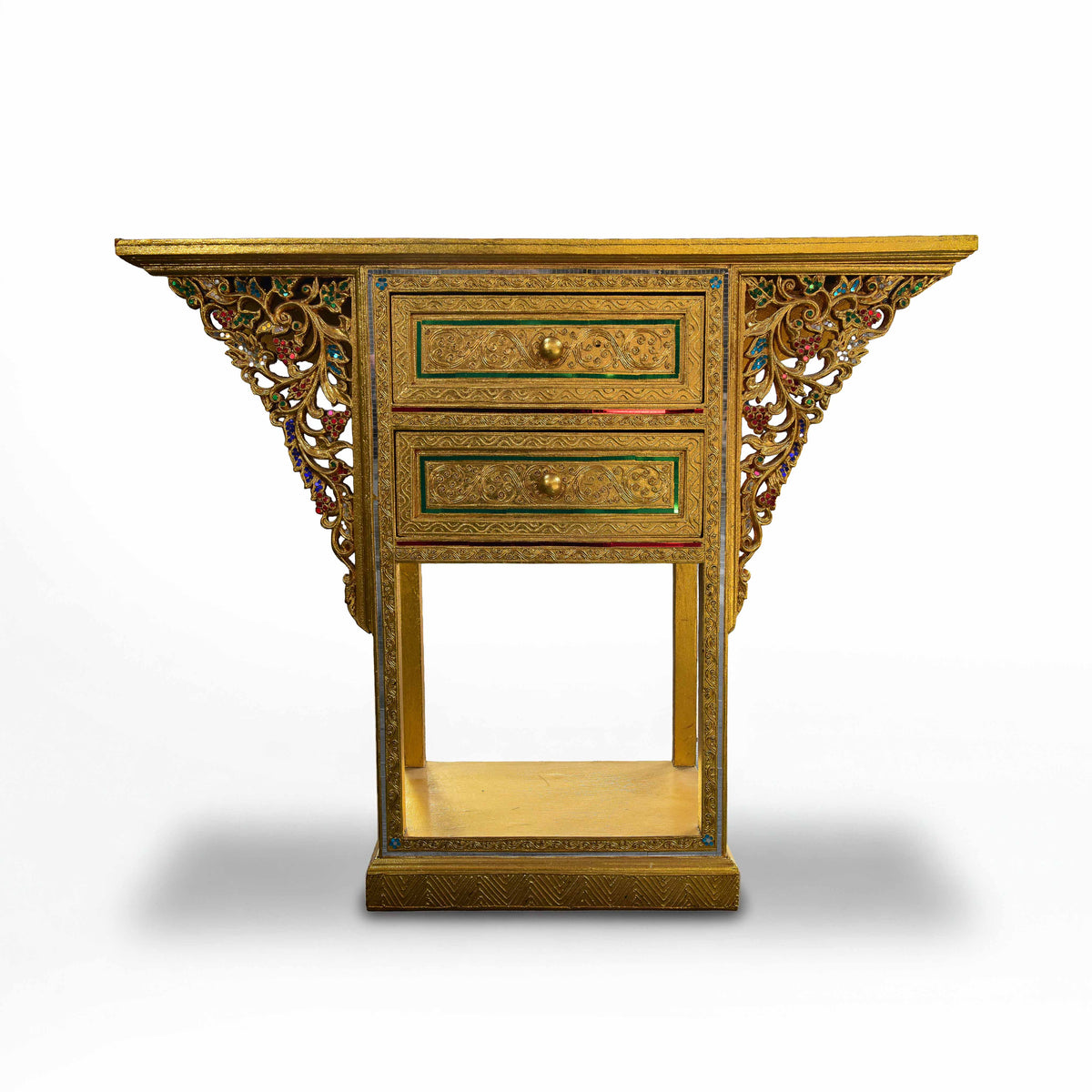 Handcrafted Royal Lanna Triangular Altar Table with 2 Drawers - Gold Edition from Chiang Mai Thailand - Lalanna Design