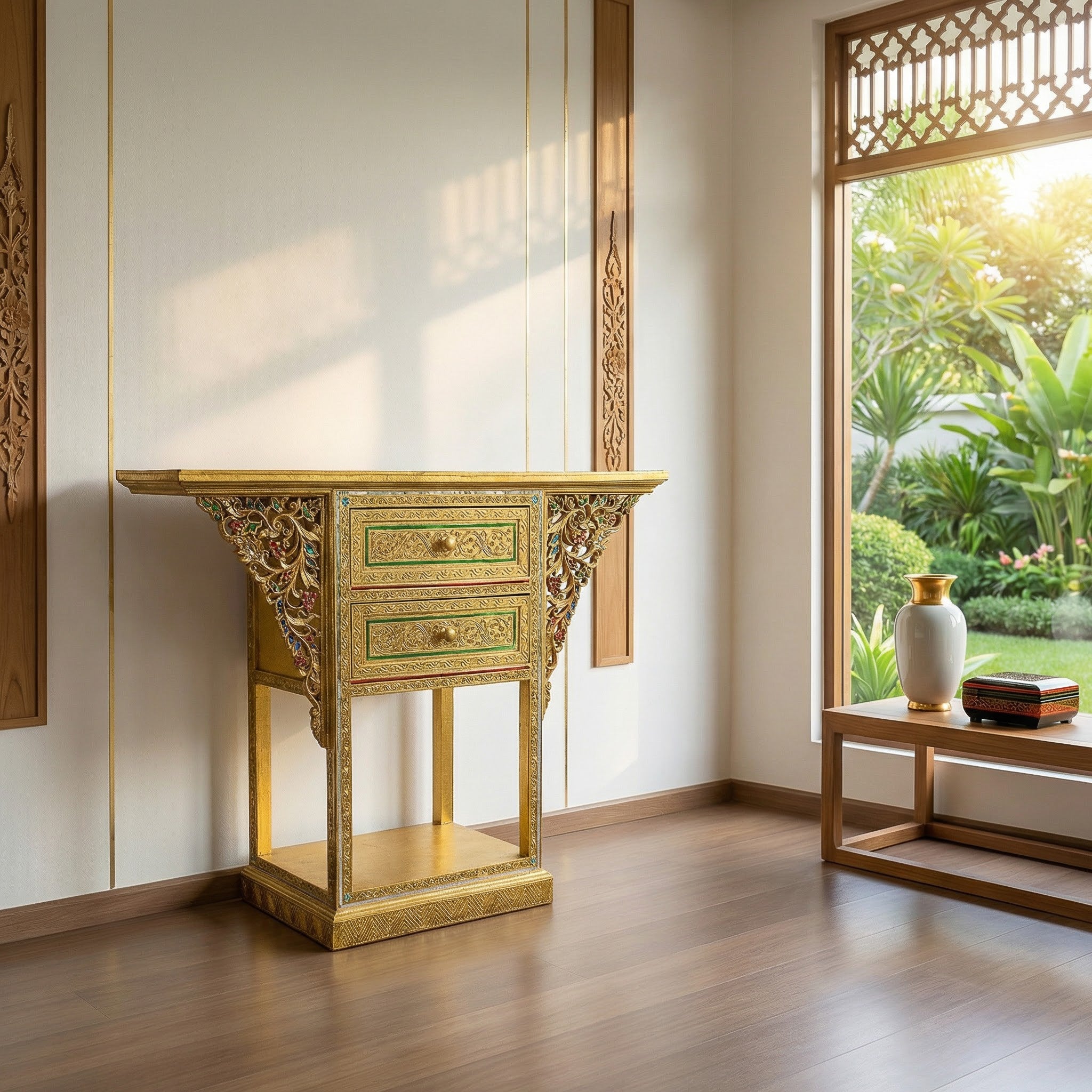 Handcrafted Royal Lanna Triangular Altar Table with 2 Drawers - Gold Edition from Chiang Rai Thailand - Lalanna Design