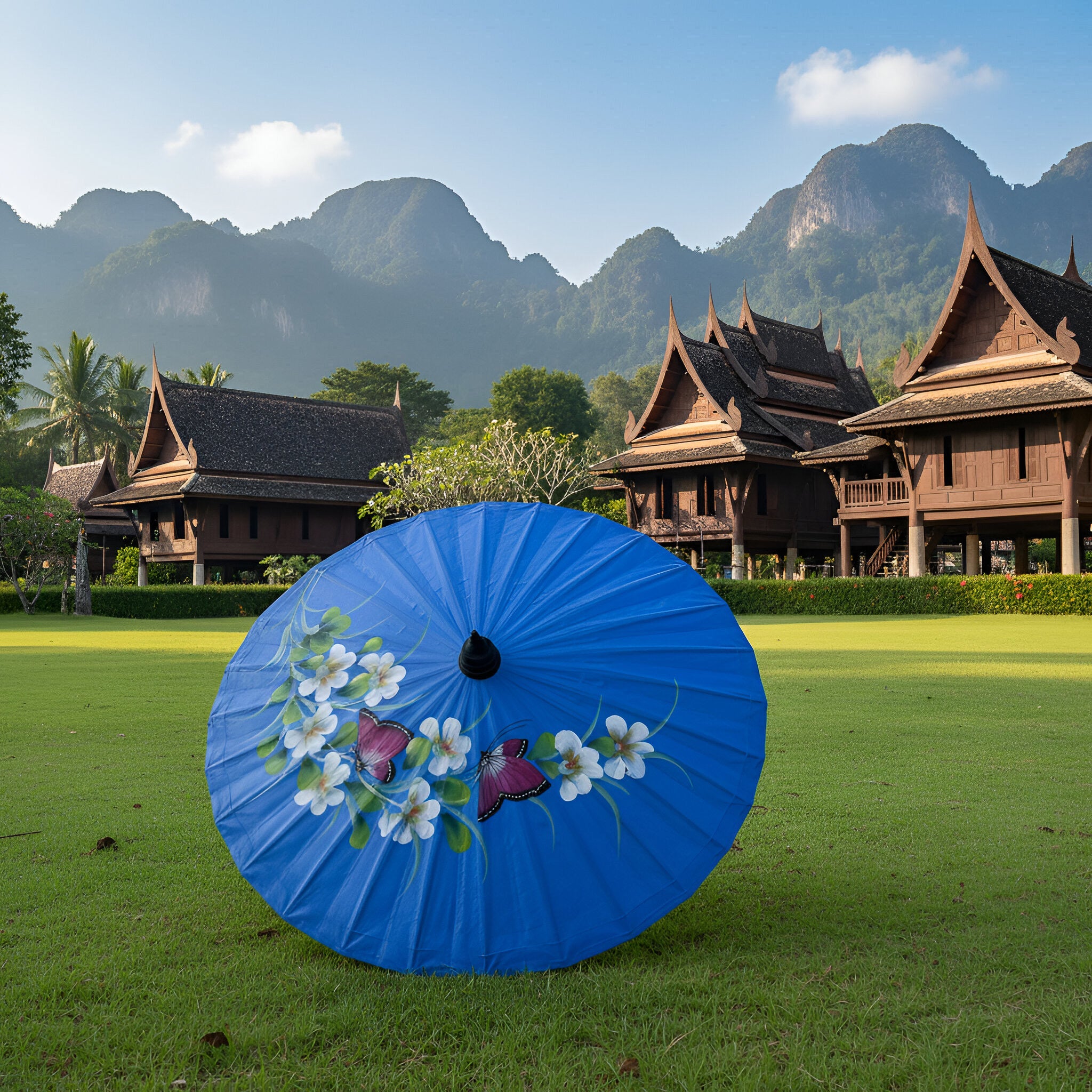 Handcrafted Sa Paper Umbrella - Blue from Chiang Rai Thailand - Lalanna Design