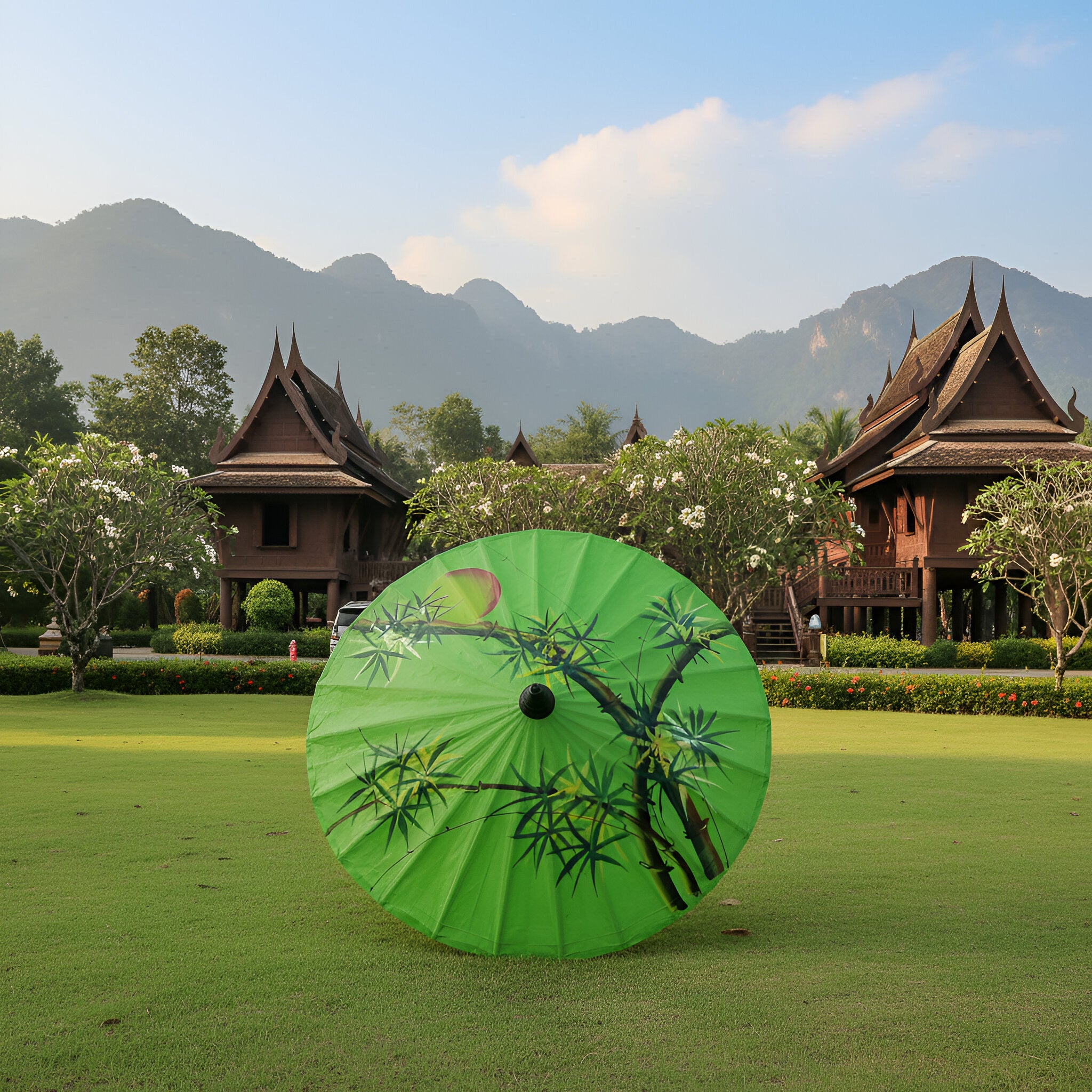Handcrafted Sa Paper Umbrella - Green from Chiang Rai Thailand - Lalanna Design