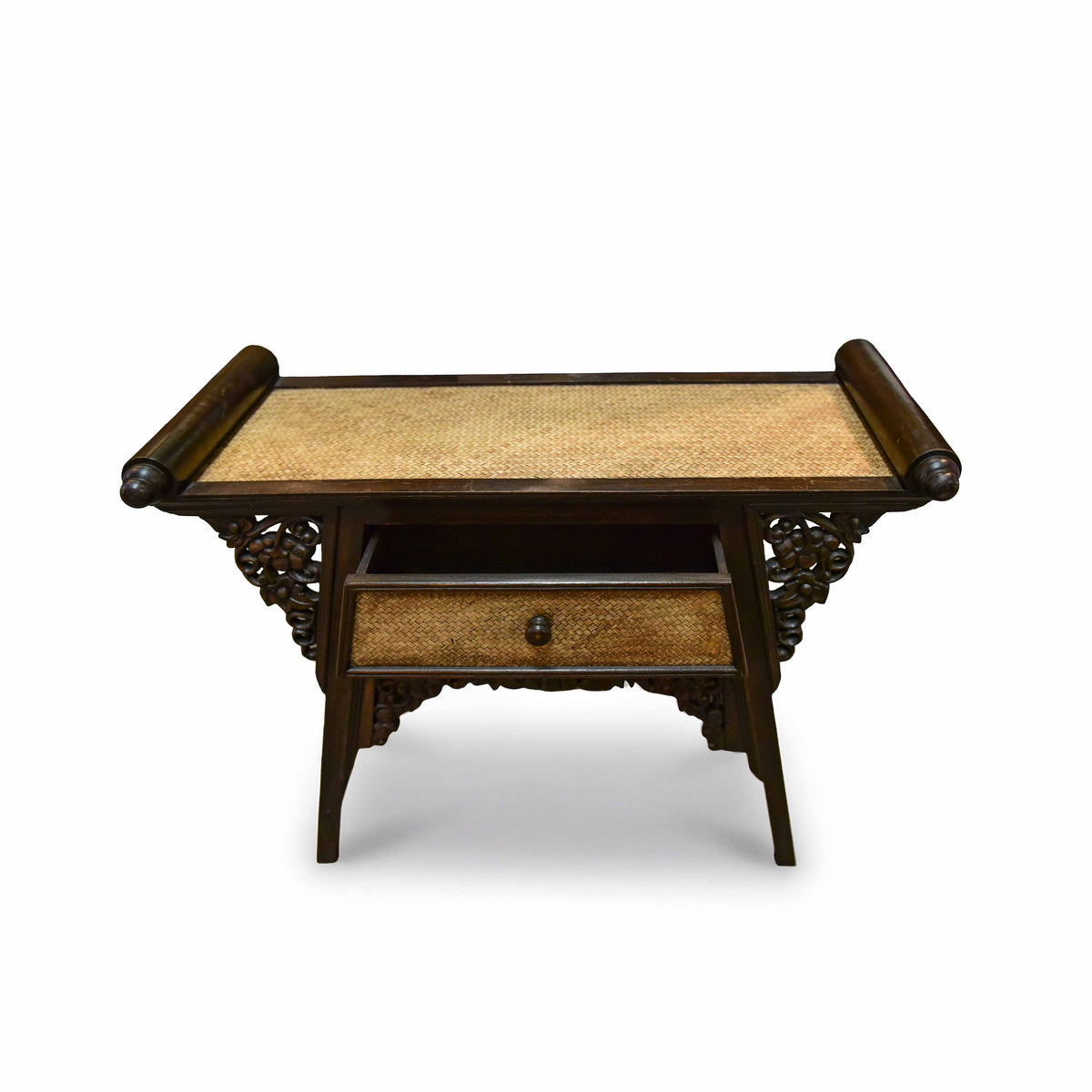 Handcrafted Single-Drawer Console in Solid Thai Hardwood and Woven Bamboo with Grape Carvings from Chiang Mai Thailand - Lalanna Design