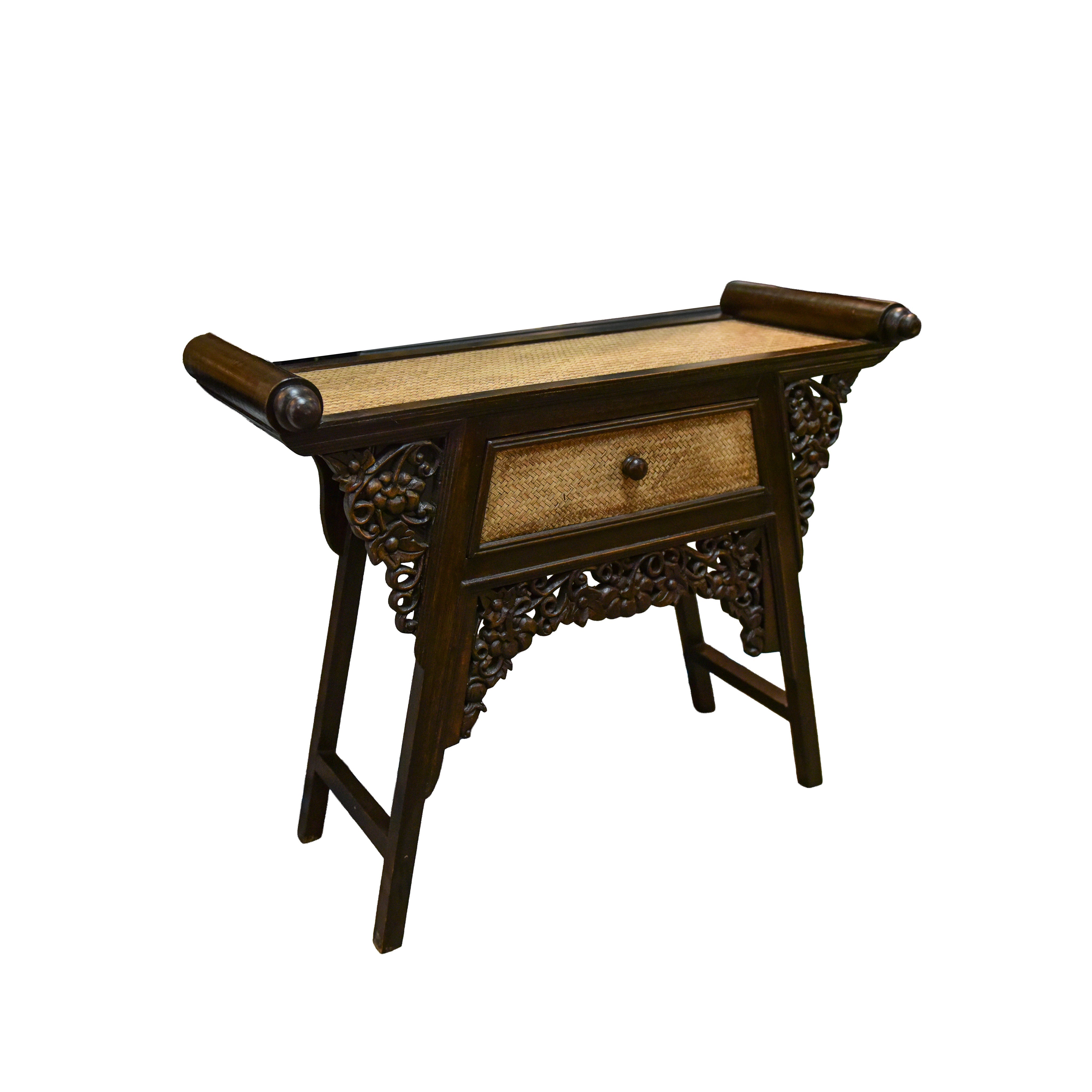 Handcrafted Single-Drawer Console in Solid Thai Hardwood and Woven Bamboo with Grape Carvings from Chiang Mai Thailand - Lalanna Design