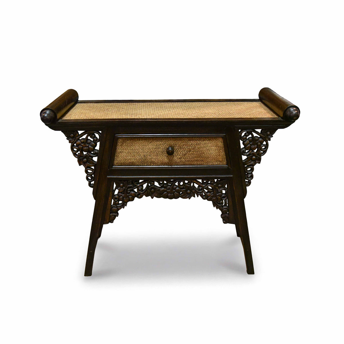 Handcrafted Single-Drawer Console in Solid Thai Hardwood and Woven Bamboo with Grape Carvings from Chiang Mai Thailand - Lalanna Design