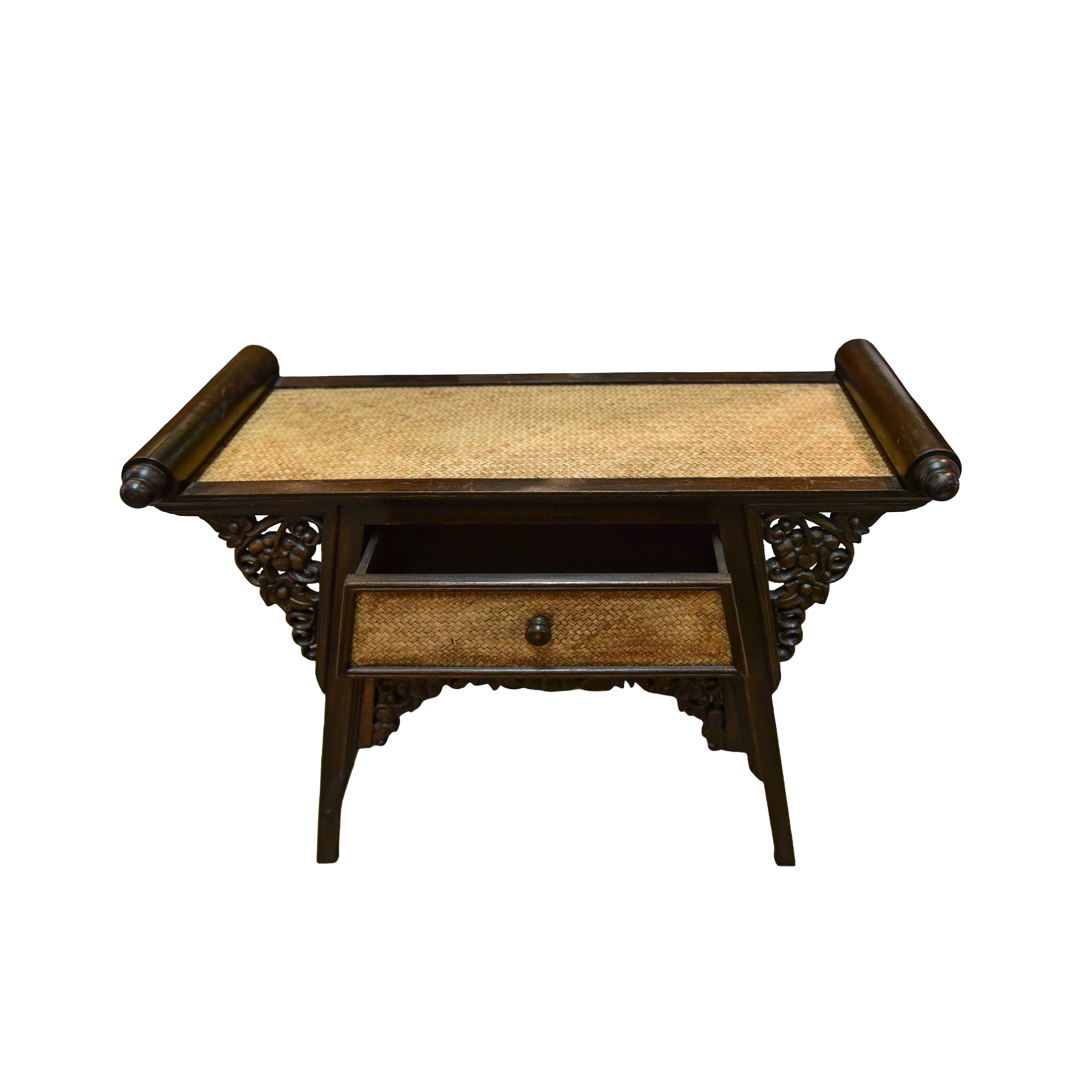 Handcrafted Single-Drawer Console in Solid Thai Hardwood and Woven Bamboo with Grape Carvings from Chiang Mai Thailand - Lalanna Design