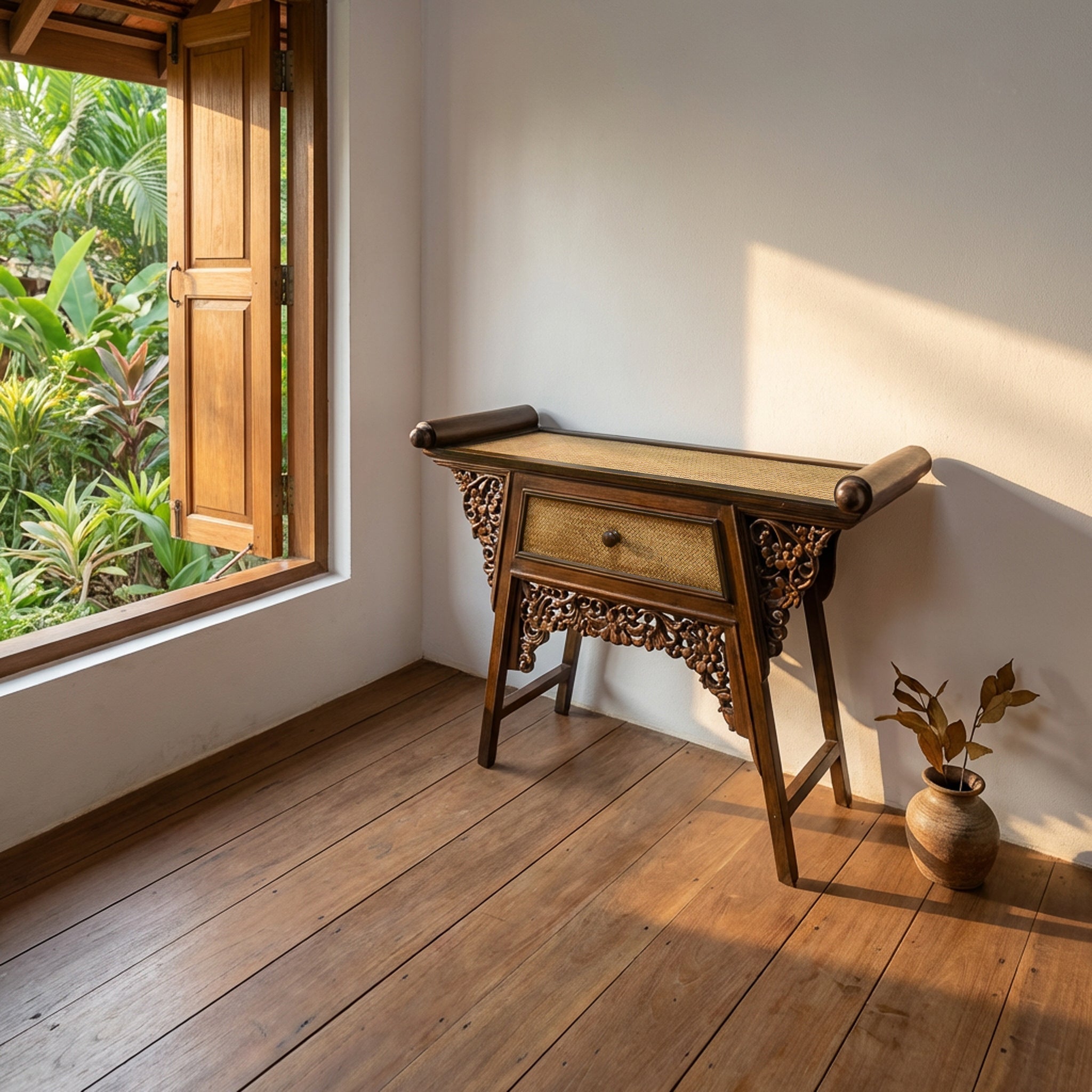 Handcrafted Single-Drawer Console in Solid Thai Hardwood and Woven Bamboo with Grape Carvings from Chiang Rai Thailand - Lalanna Design