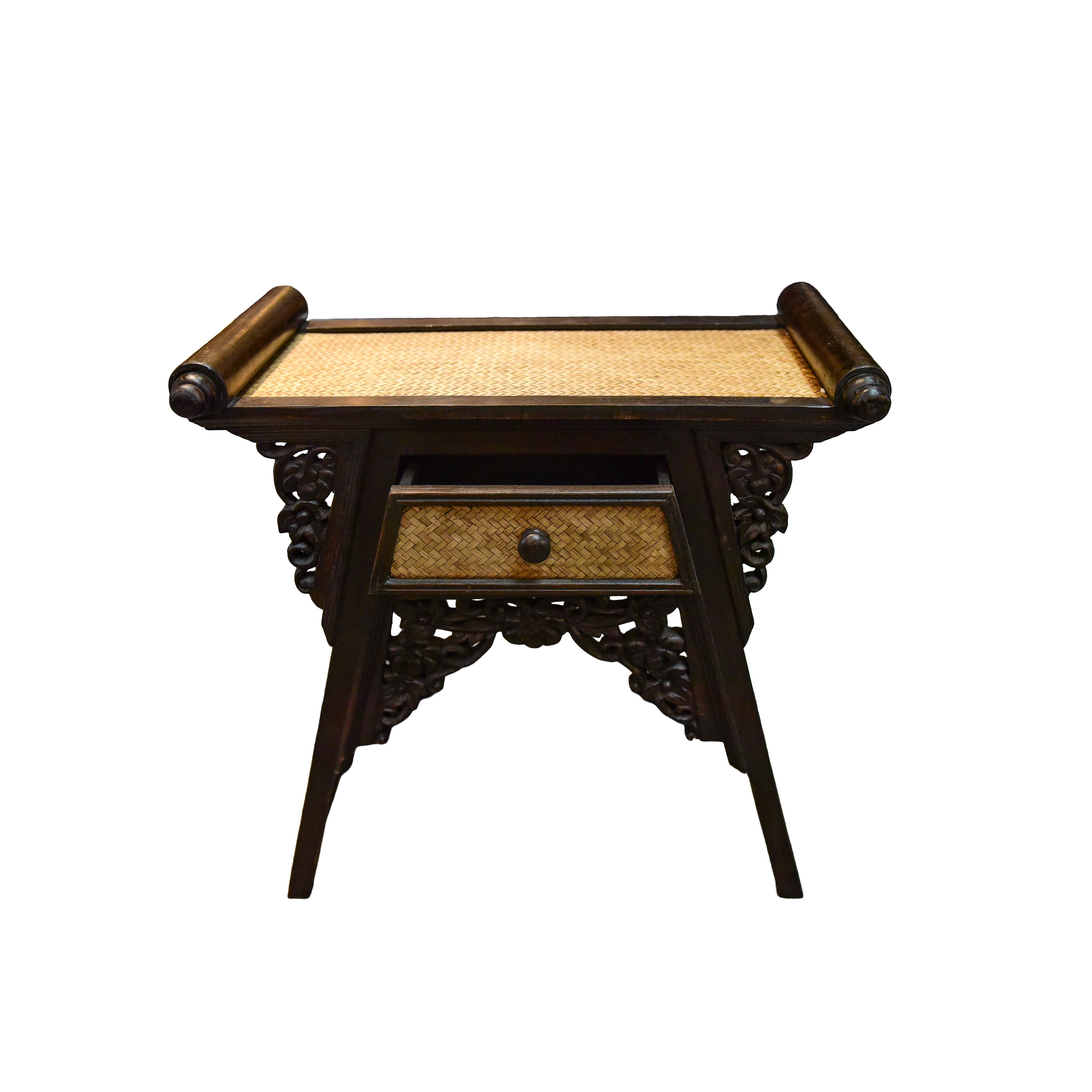 Handcrafted Small Console with drawer in Solid Thai Hardwood and Woven Bamboo with Grape Carvings from Chiang Mai Thailand - Lalanna Design