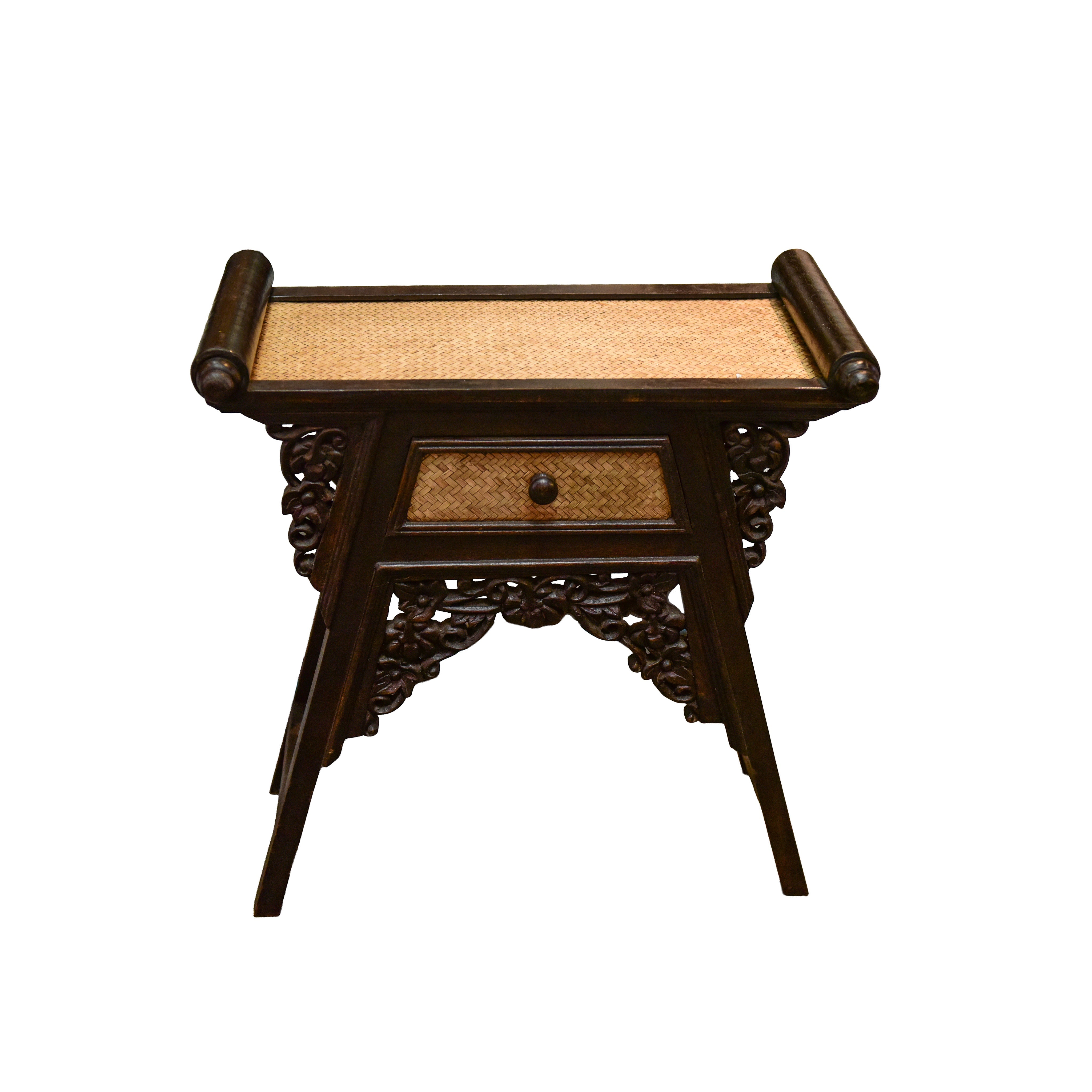 Handcrafted Small Console with drawer in Solid Thai Hardwood and Woven Bamboo with Grape Carvings from Chiang Mai Thailand - Lalanna Design