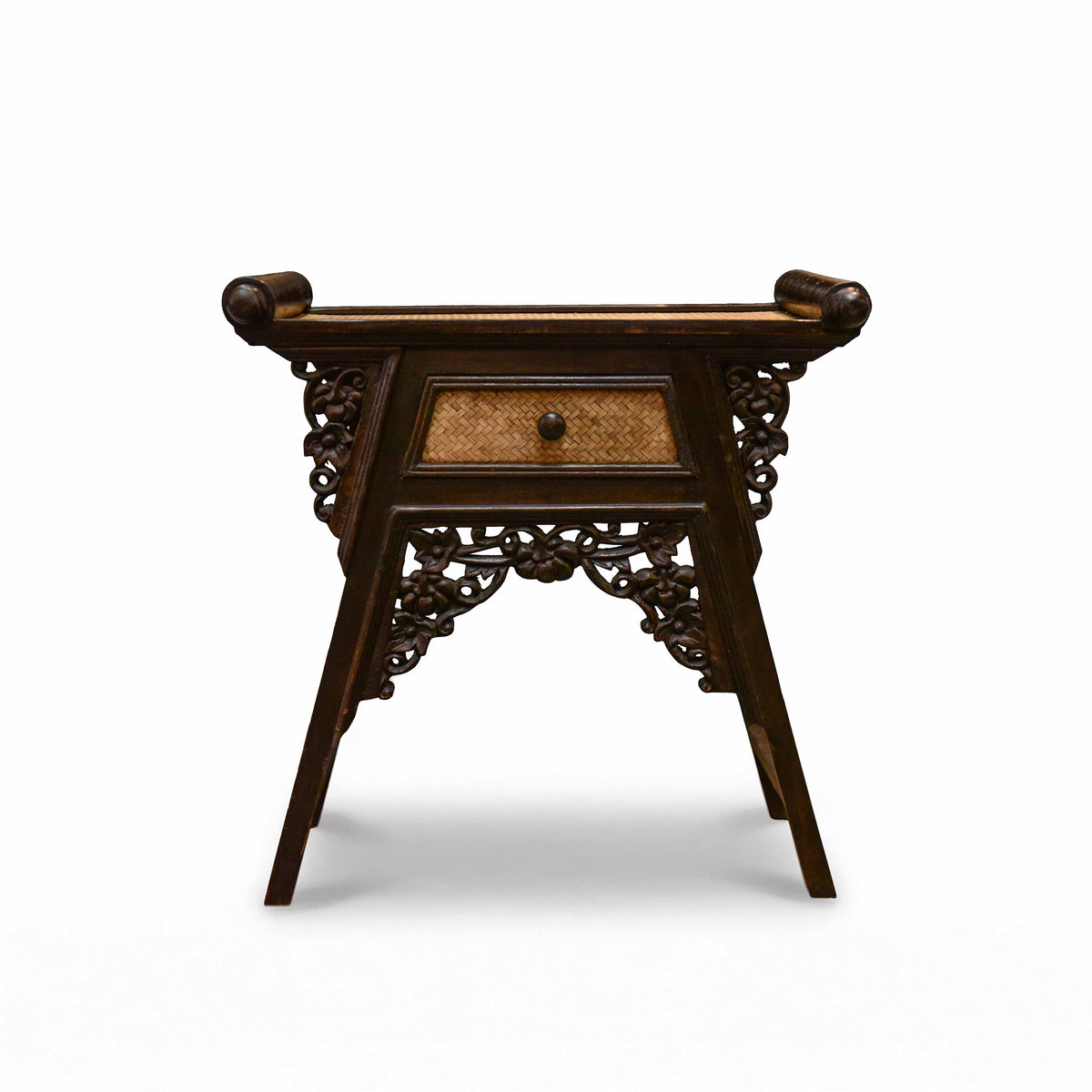 Handcrafted Small Console with drawer in Solid Thai Hardwood and Woven Bamboo with Grape Carvings from Chiang Mai Thailand - Lalanna Design