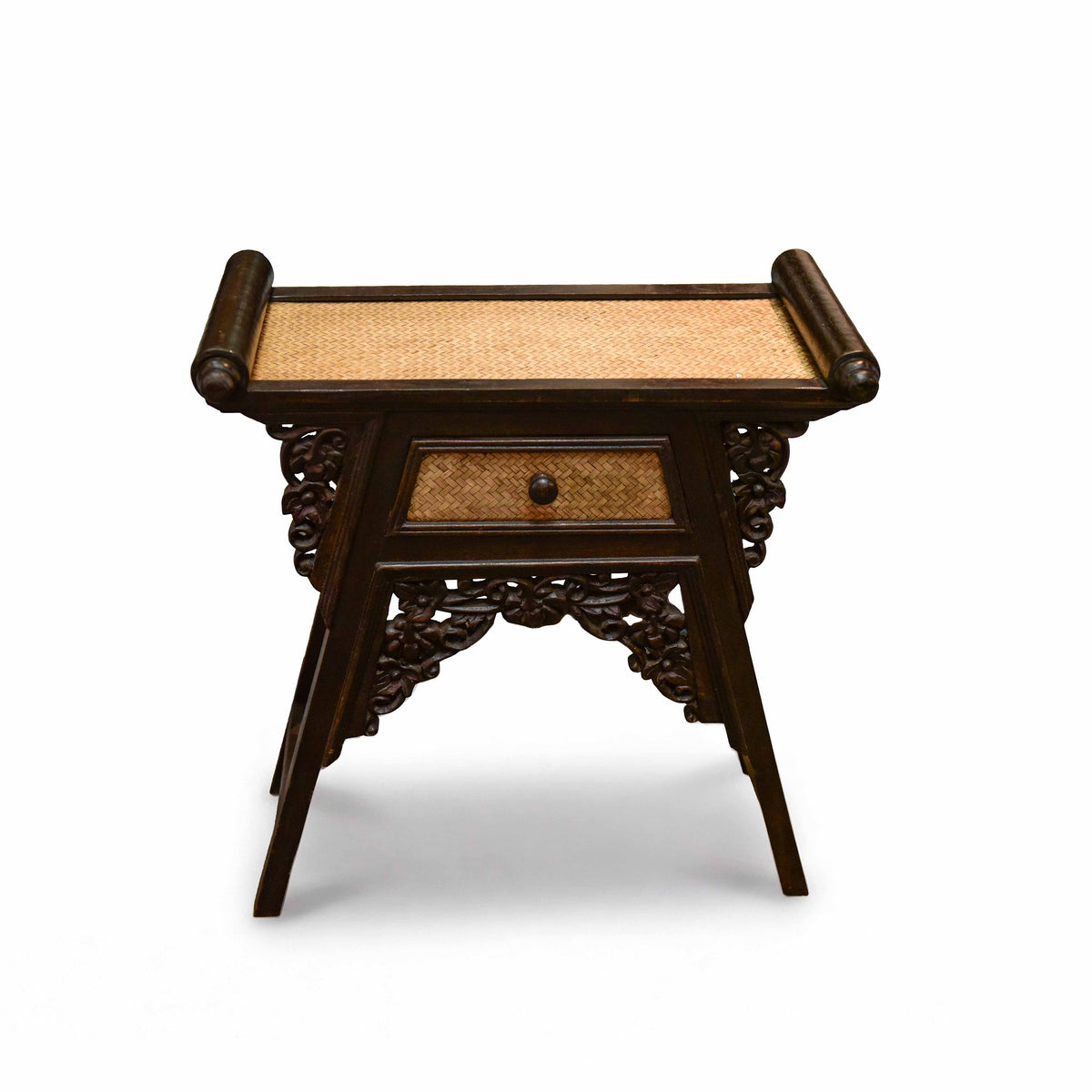 Handcrafted Small Console with drawer in Solid Thai Hardwood and Woven Bamboo with Grape Carvings from Chiang Mai Thailand - Lalanna Design