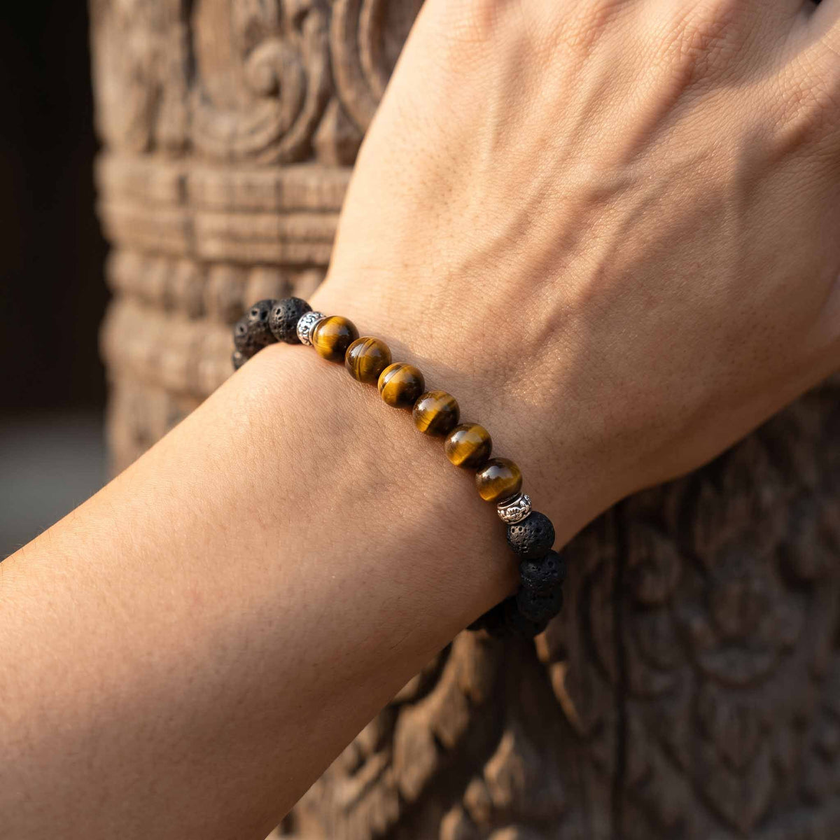 Handcrafted Bracelet Tiger Eye and Lava Stone Men's Stretch Bracelet, Handmade Jewelry from Chiang Mai Thailand - Lalanna Design