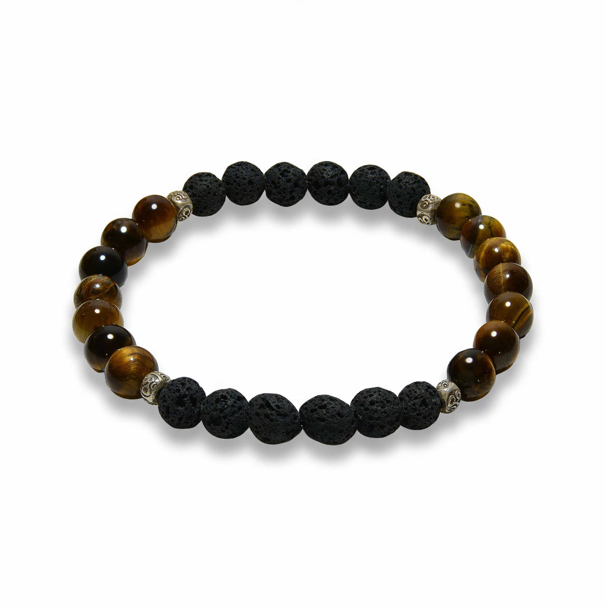 Handcrafted Bracelet Tiger Eye and Lava Stone Men's Stretch Bracelet, Handmade Jewelry from Chiang Mai Thailand - Lalanna Design