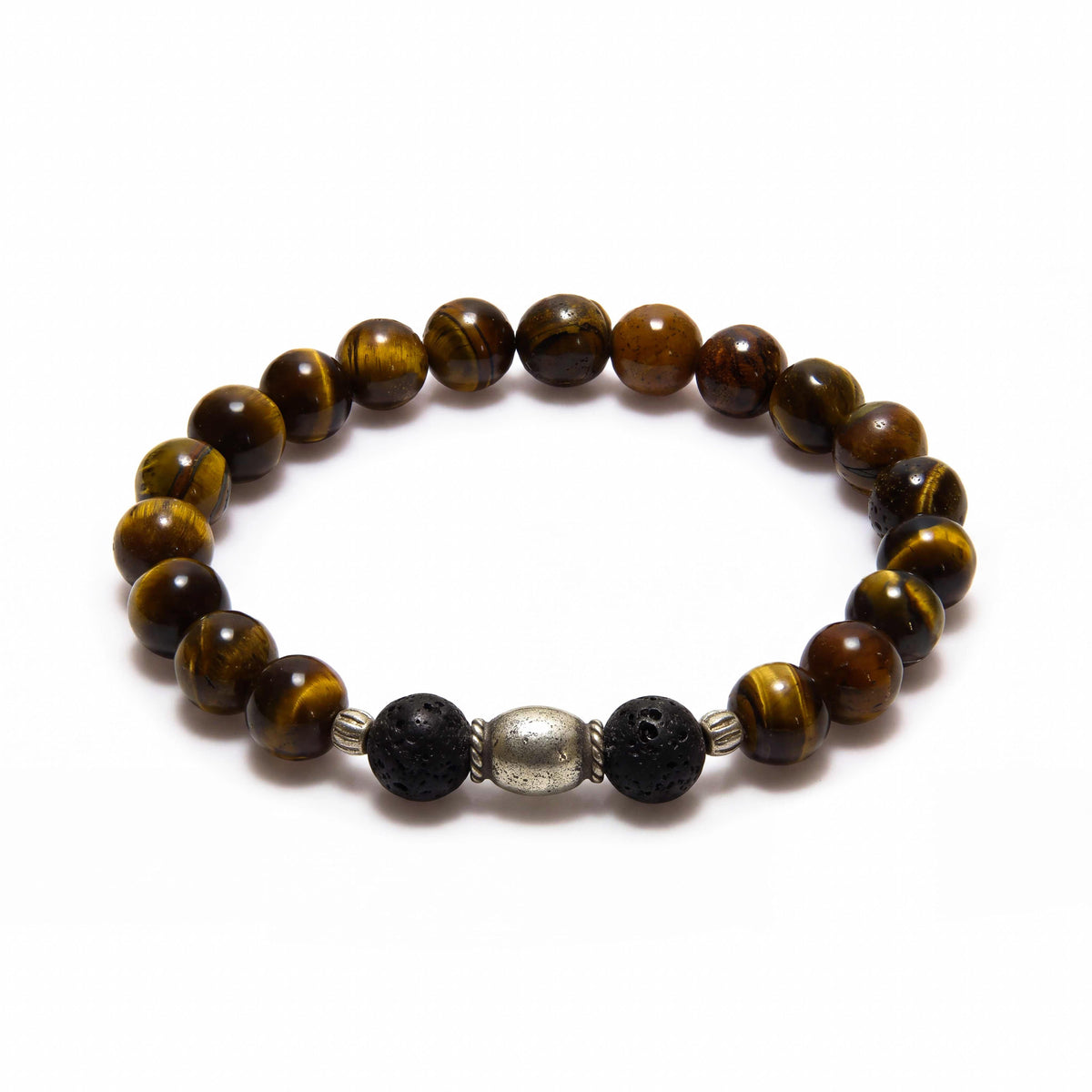 Handcrafted Bracelet Tiger Eye and Lava Stone Men's Stretch Bracelet with Silver Spacers, Handmade Jewelry from Chiang Mai Thailand - Lalanna Design