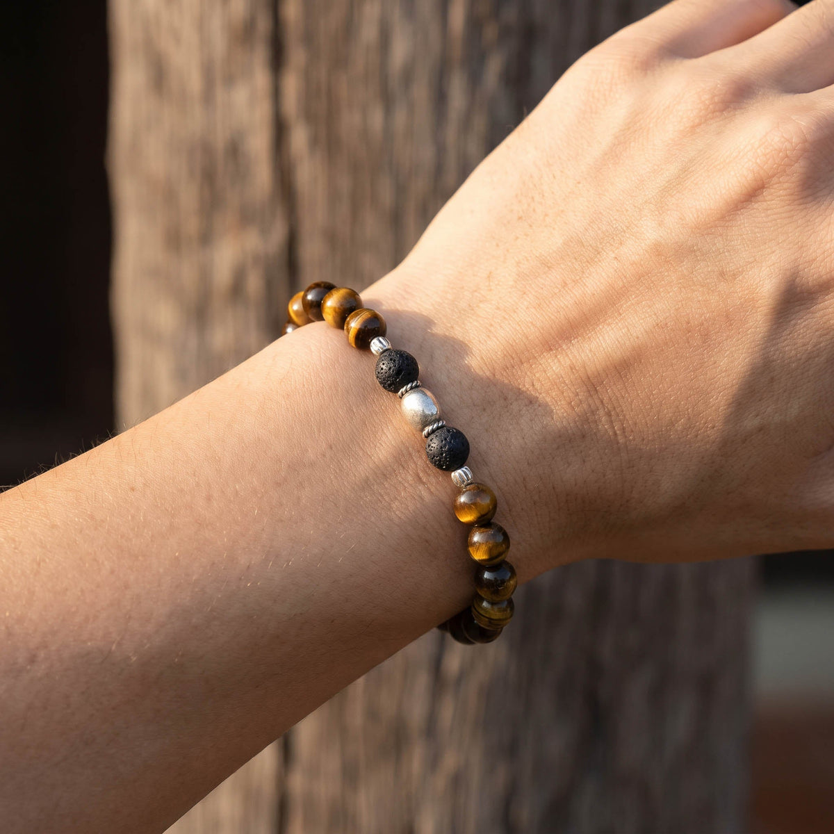 Handcrafted Bracelet Tiger Eye and Lava Stone Men's Stretch Bracelet with Silver Spacers, Handmade Jewelry from Chiang Mai Thailand - Lalanna Design