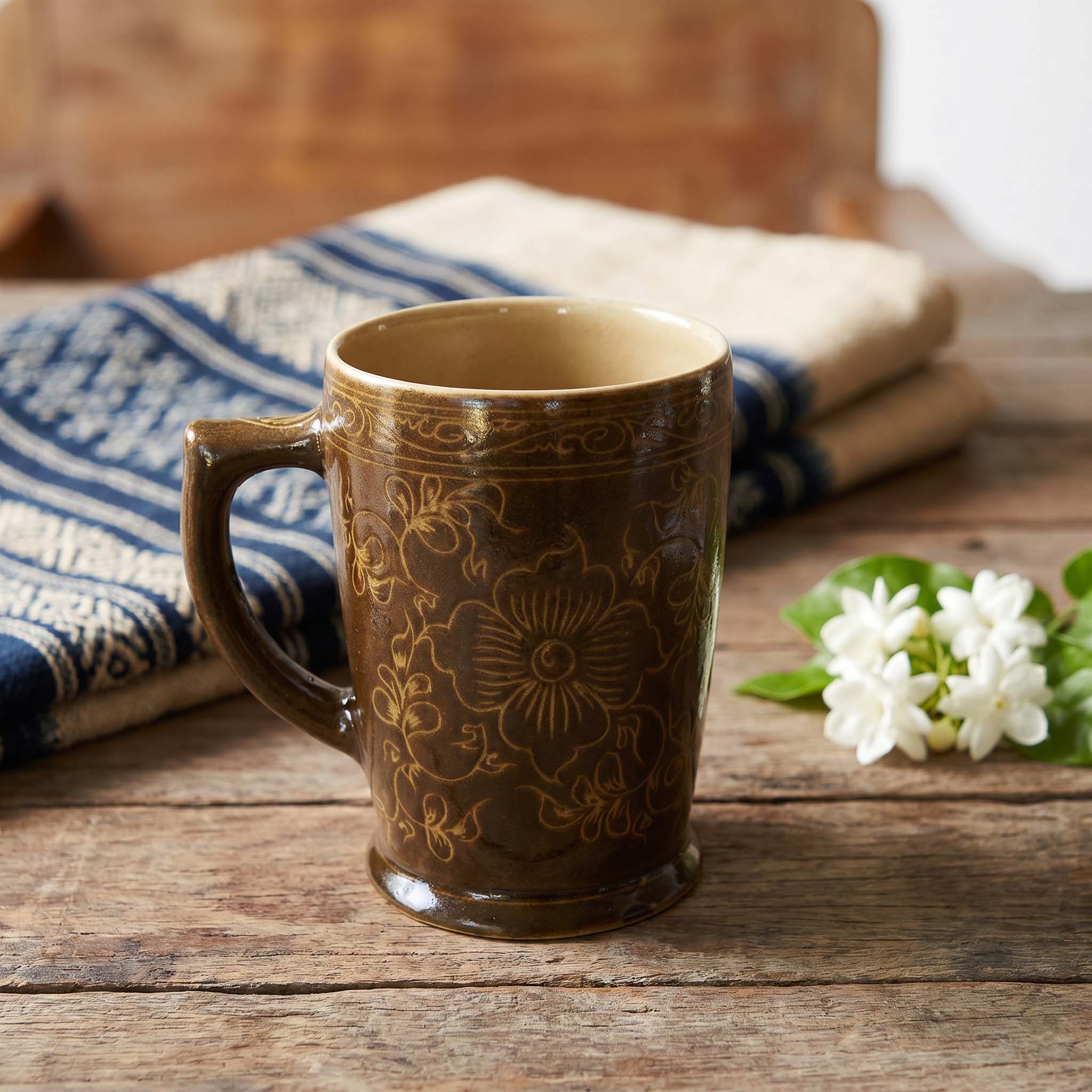 Handcrafted Wiang Kalong Dark Floral Mug - Hand-Painted Lanna Ceramic from Chiang Mai Thailand - Lalanna Design