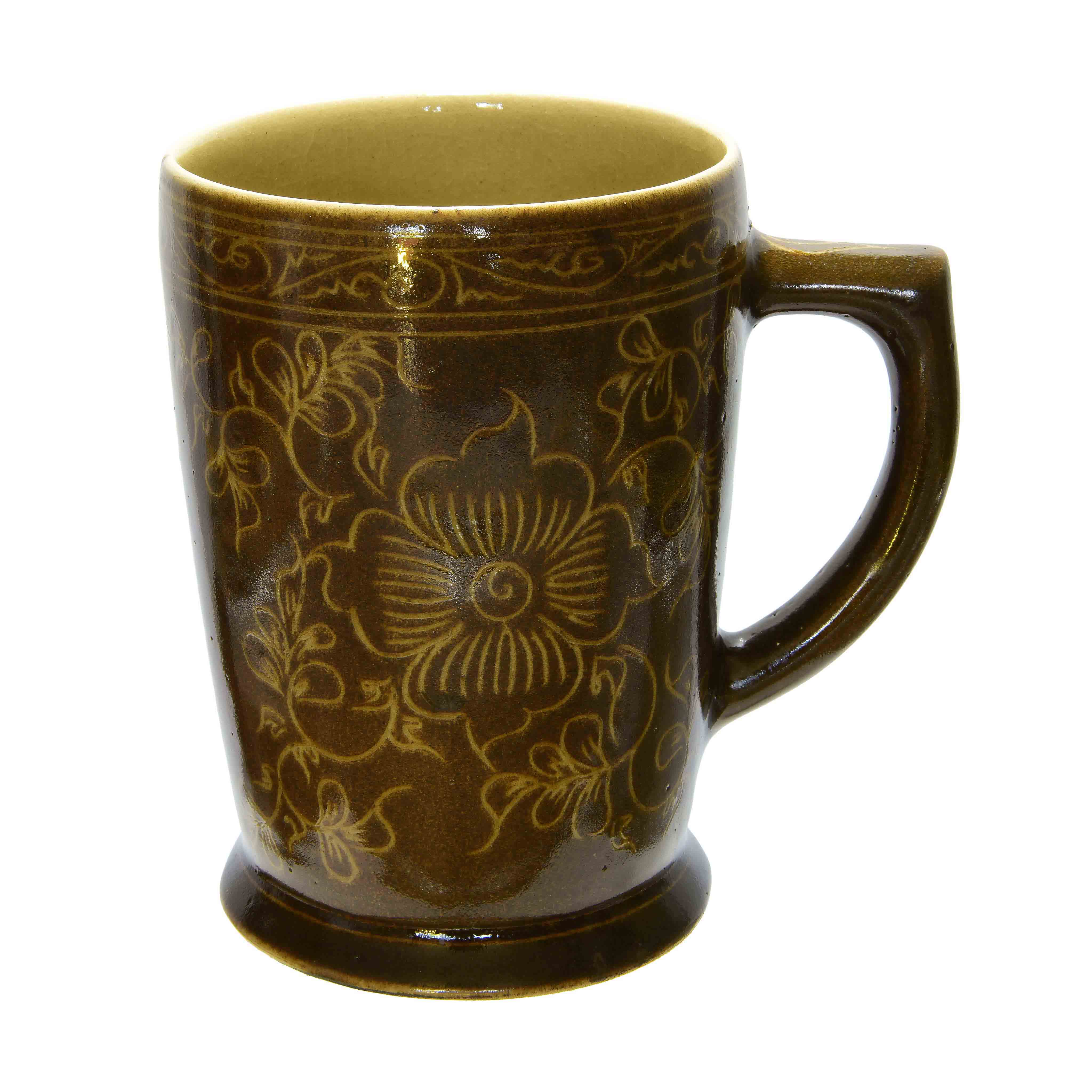 Handcrafted Wiang Kalong Dark Floral Mug - Hand-Painted Lanna Ceramic from Chiang Mai Thailand - Lalanna Design
